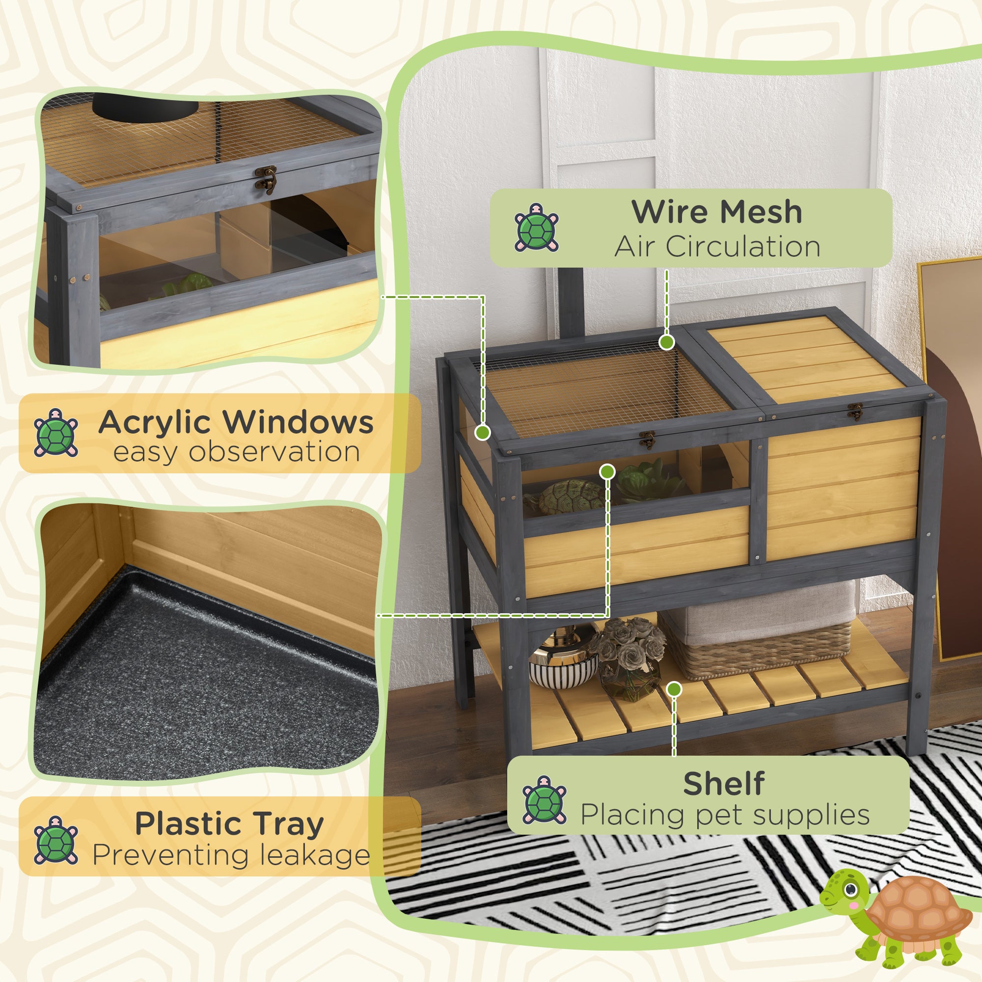 PawHut Tortoise House w/ Shelf, Small Pet Reptile Wooden House w/ Hide Shelter Den and Run, Lamp Holder, Tray, for Indoors, Outdoors - Yellow