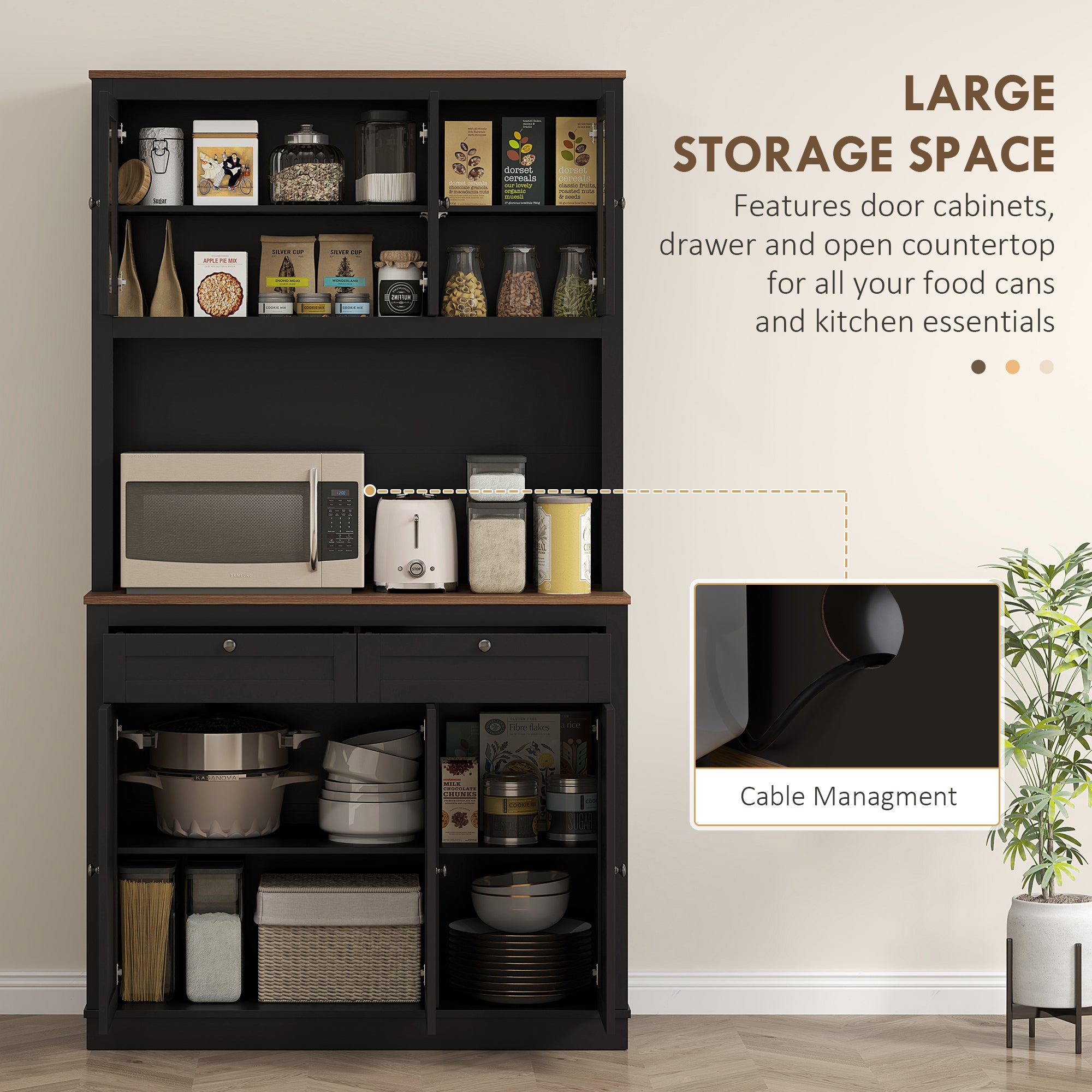 HOMCOM 71" Pantry Cabinet with Microwave Countertop, Tall Kitchen Hutch with 2 Drawers, Freestanding Storage Cabinet with Adjustable Shelves, Glass and Shaker Doors, Black