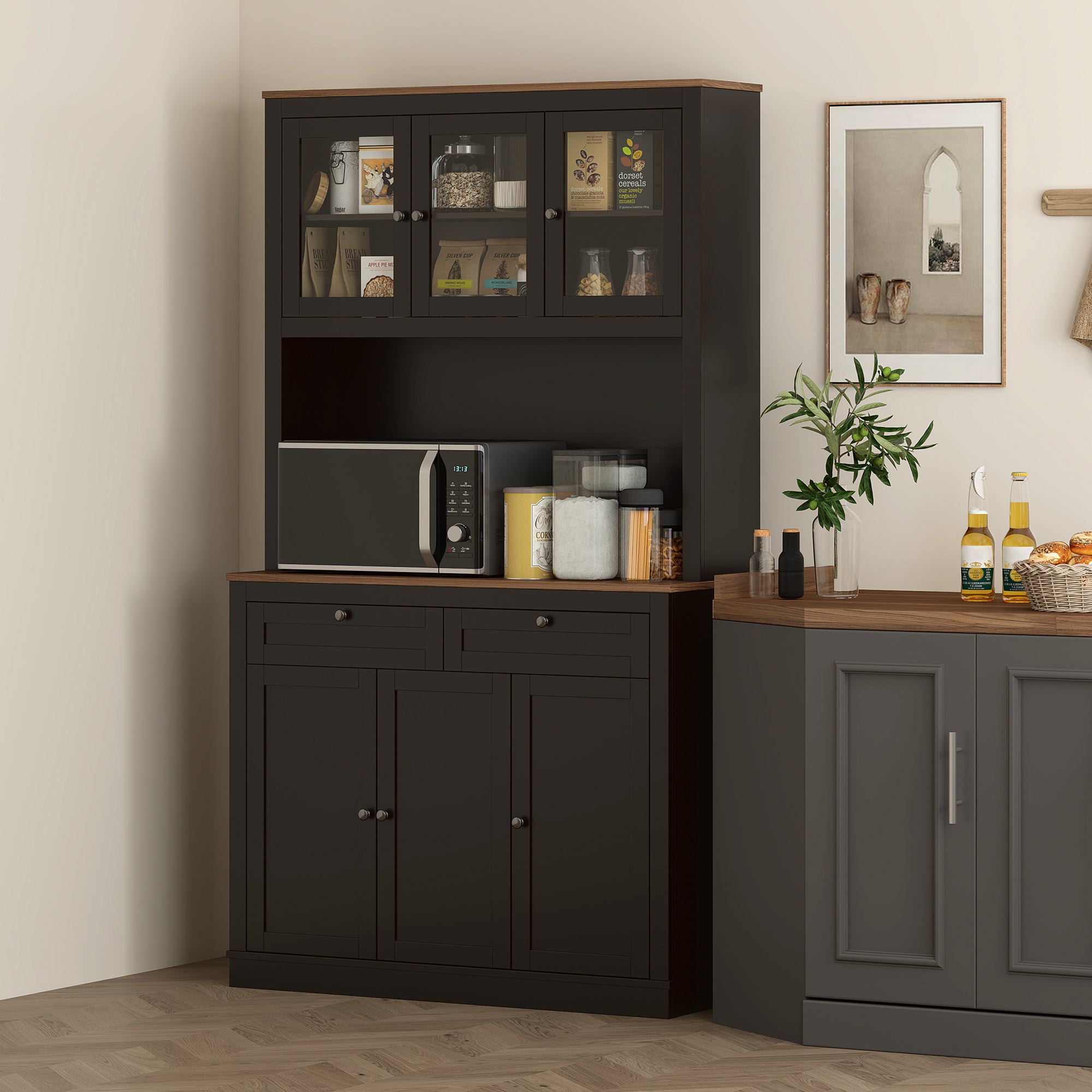 HOMCOM 71" Pantry Cabinet with Microwave Countertop, Tall Kitchen Hutch with 2 Drawers, Freestanding Storage Cabinet with Adjustable Shelves, Glass and Shaker Doors, Black
