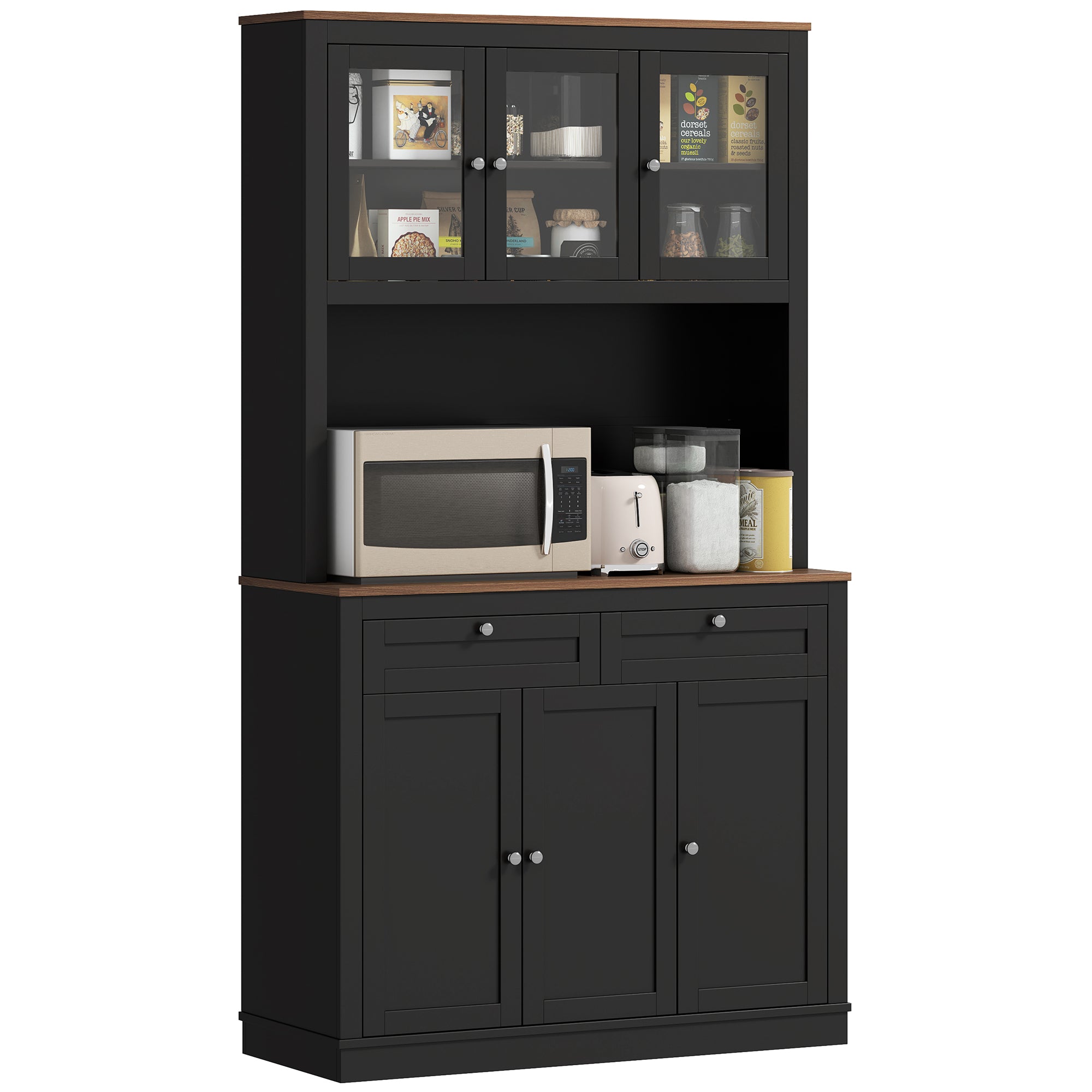 HOMCOM 71" Pantry Cabinet with Microwave Countertop, Tall Kitchen Hutch with 2 Drawers, Freestanding Storage Cabinet with Adjustable Shelves, Glass and Shaker Doors, Black