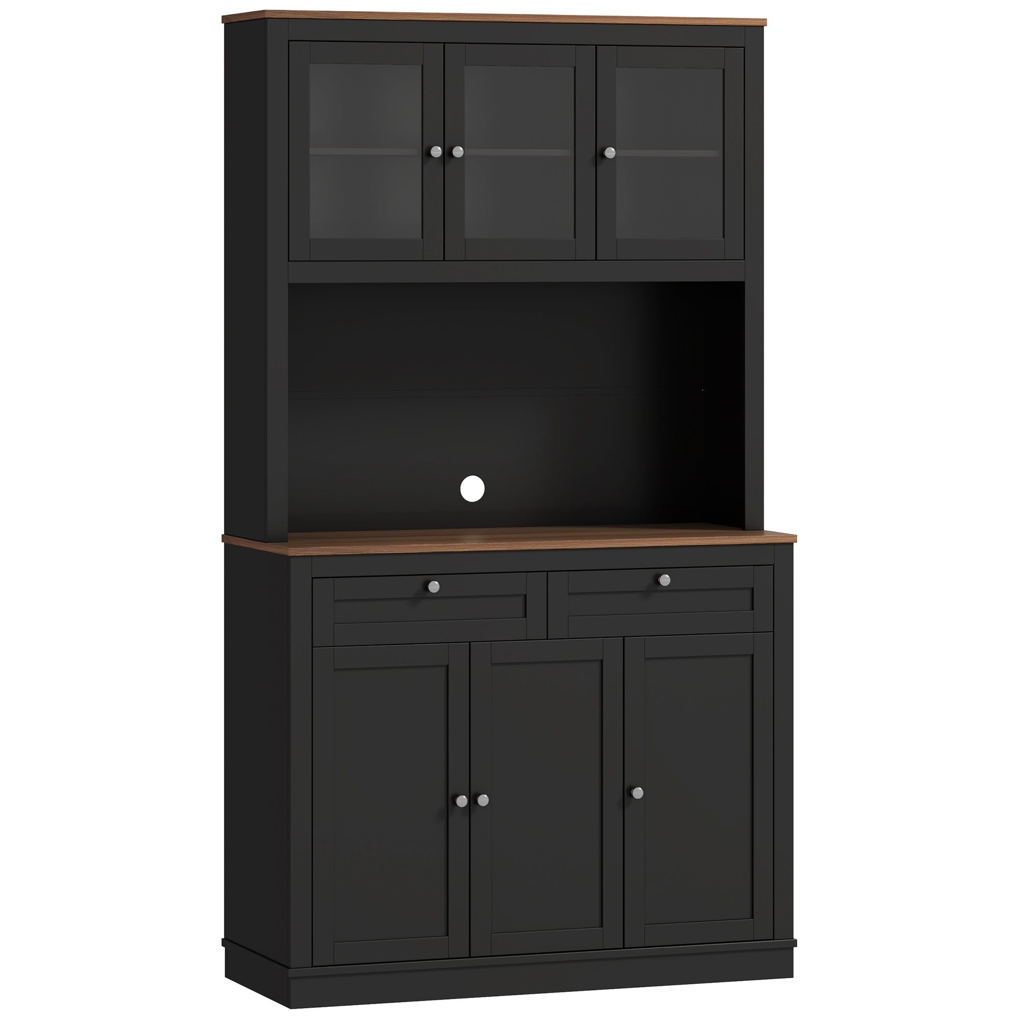 HOMCOM 71" Pantry Cabinet with Microwave Countertop, Tall Kitchen Hutch with 2 Drawers, Freestanding Storage Cabinet with Adjustable Shelves, Glass and Shaker Doors, Black