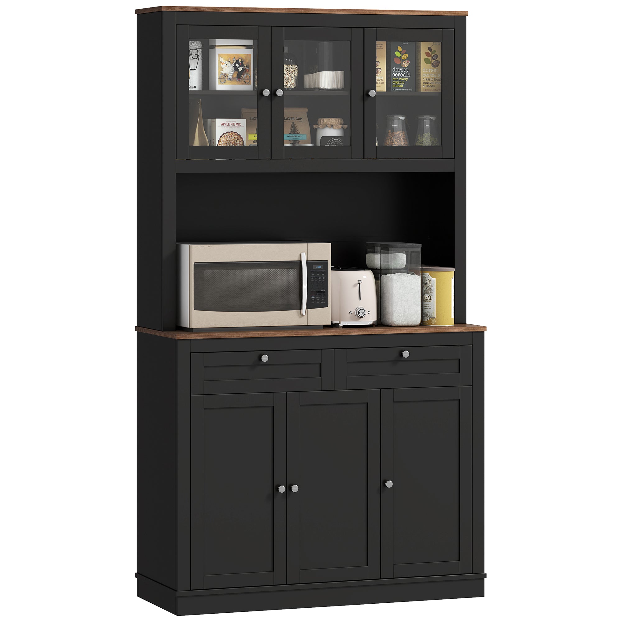 HOMCOM 71" Pantry Cabinet with Microwave Countertop, Tall Kitchen Hutch with 2 Drawers, Freestanding Storage Cabinet with Adjustable Shelves, Glass and Shaker Doors, Black