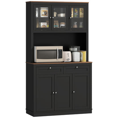 HOMCOM 71" Pantry Cabinet with Microwave Countertop, Tall Kitchen Hutch with 2 Drawers, Freestanding Storage Cabinet with Adjustable Shelves, Glass and Shaker Doors, Black