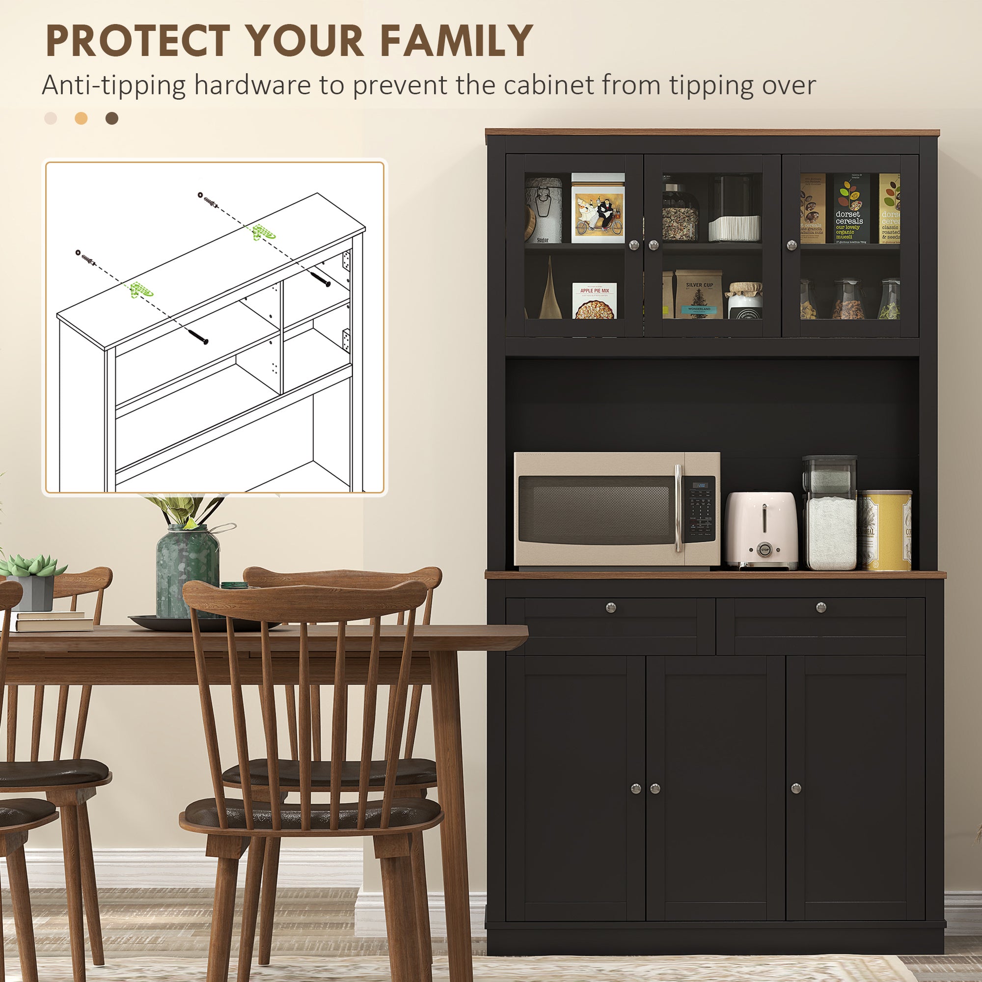 HOMCOM 71" Pantry Cabinet with Microwave Countertop, Tall Kitchen Hutch with 2 Drawers, Freestanding Storage Cabinet with Adjustable Shelves, Glass and Shaker Doors, Black