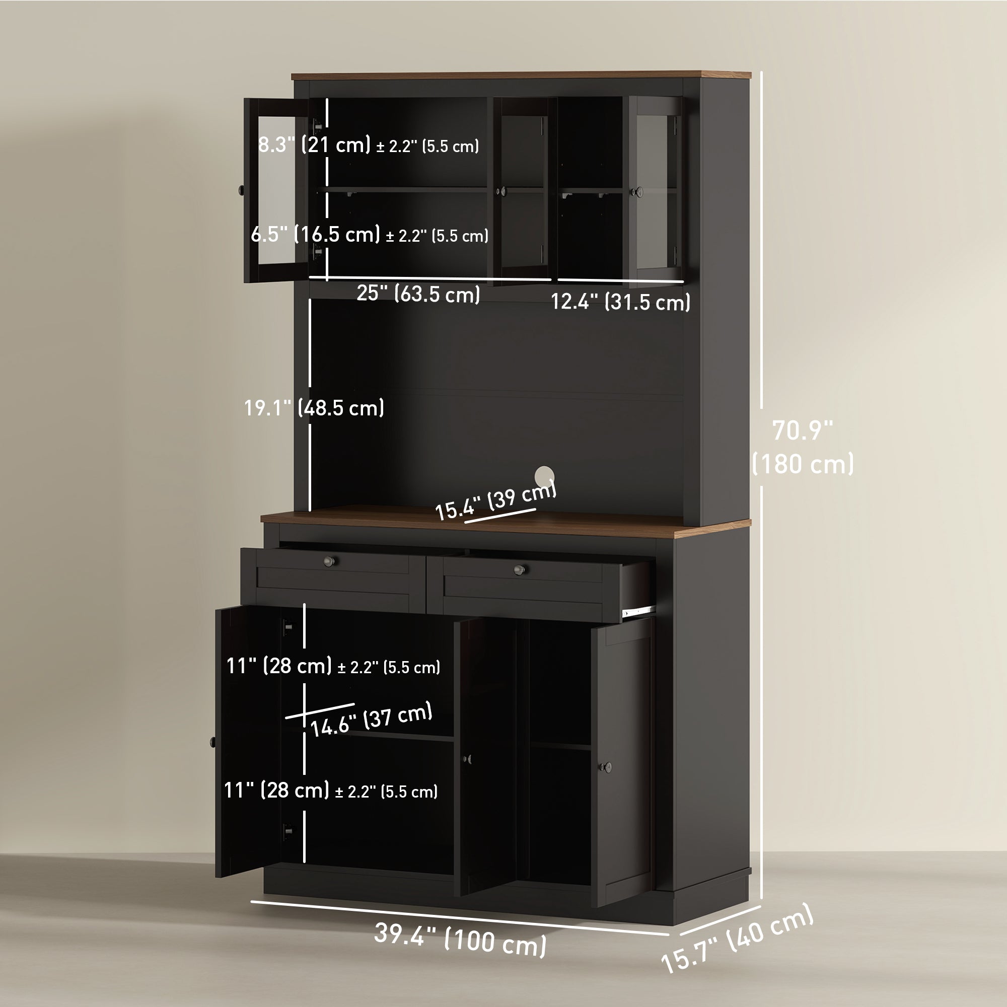 HOMCOM 71" Pantry Cabinet with Microwave Countertop, Tall Kitchen Hutch with 2 Drawers, Freestanding Storage Cabinet with Adjustable Shelves, Glass and Shaker Doors, Black