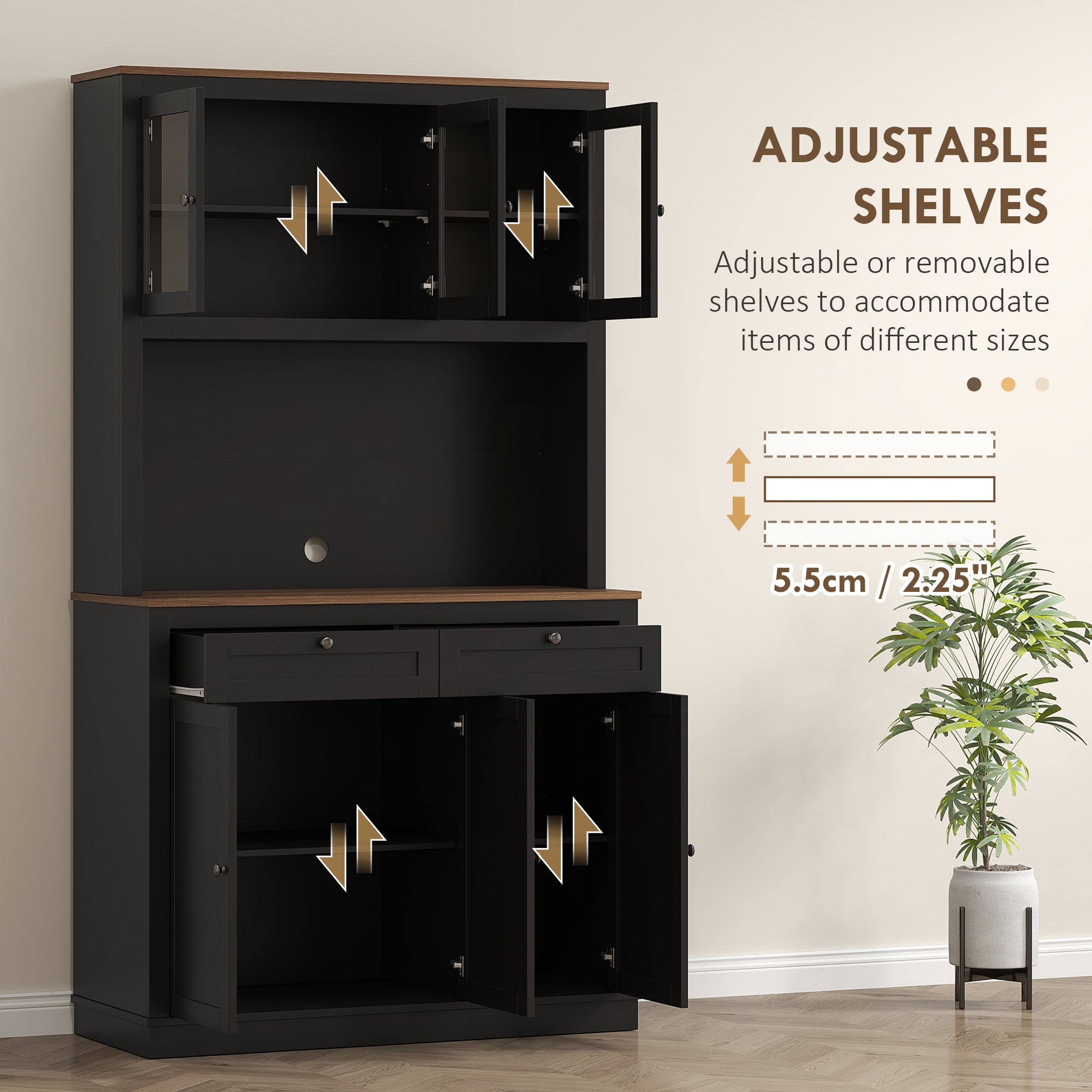 HOMCOM 71" Pantry Cabinet with Microwave Countertop, Tall Kitchen Hutch with 2 Drawers, Freestanding Storage Cabinet with Adjustable Shelves, Glass and Shaker Doors, Black