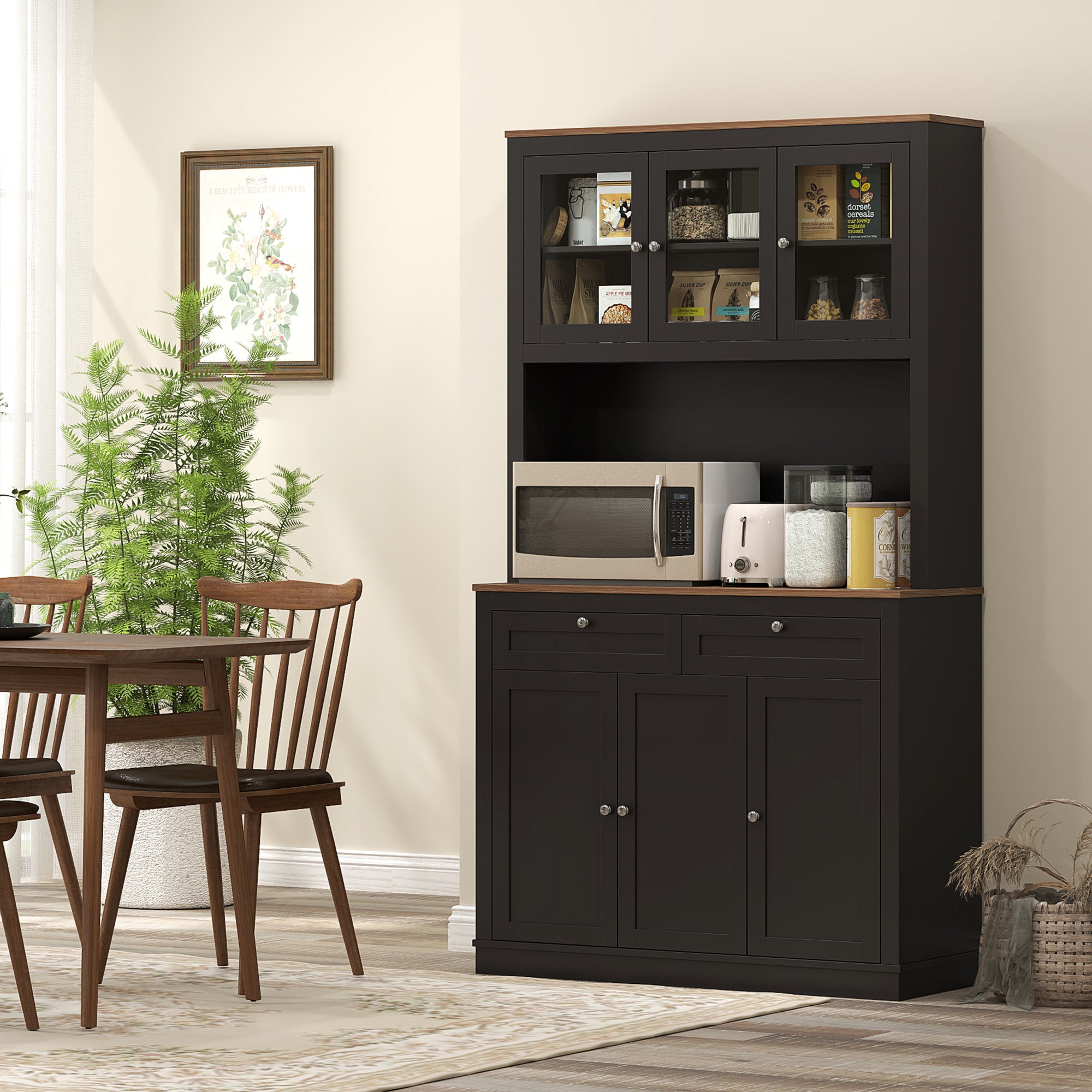 HOMCOM 71" Pantry Cabinet with Microwave Countertop, Tall Kitchen Hutch with 2 Drawers, Freestanding Storage Cabinet with Adjustable Shelves, Glass and Shaker Doors, Black