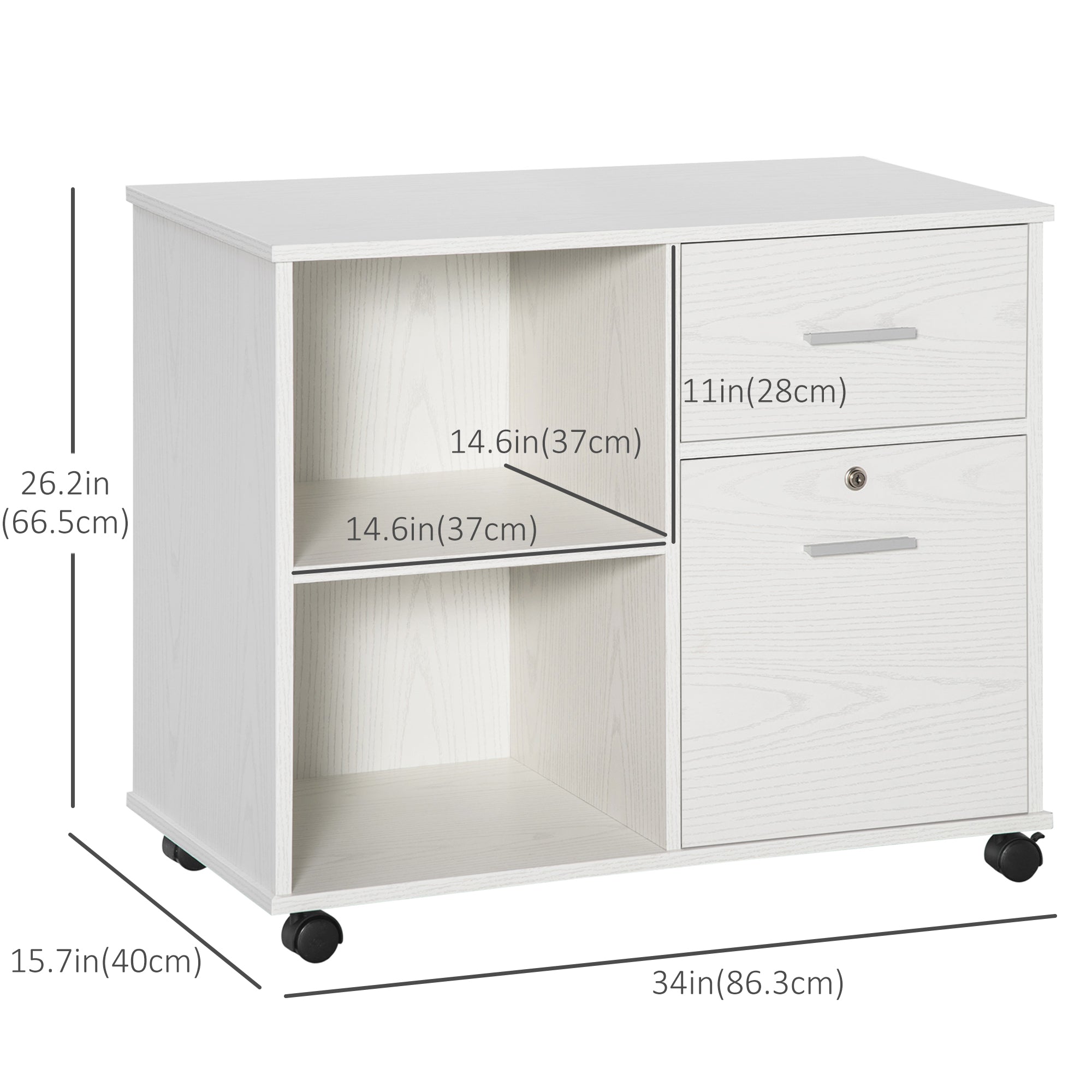 Vinsetto Lateral Filing Cabinet with Wheels, Locking File Cabinet, Mobile Printer Stand with Open Shelves and Drawers for A4 Size Documents, White