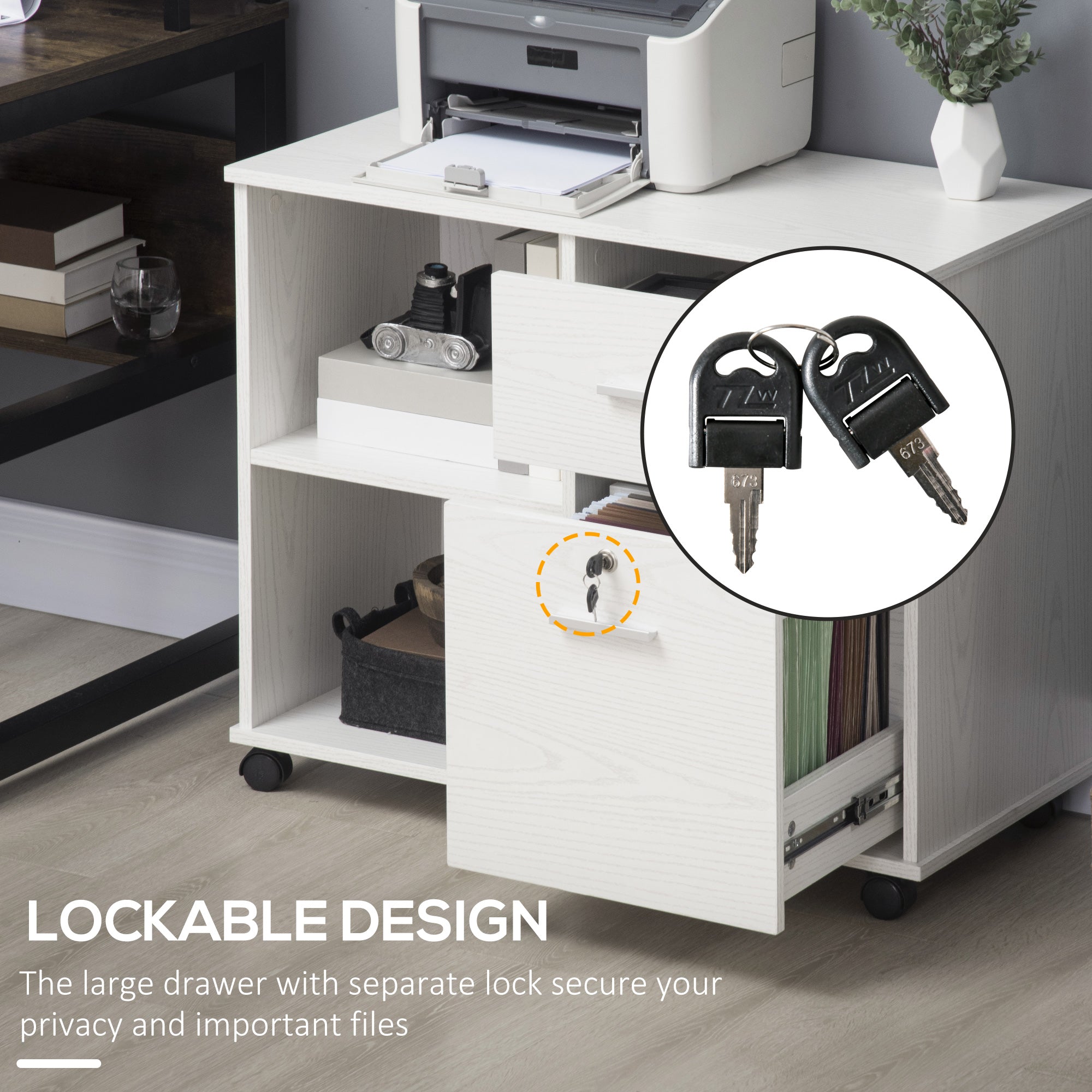 Vinsetto Lateral Filing Cabinet with Wheels, Locking File Cabinet, Mobile Printer Stand with Open Shelves and Drawers for A4 Size Documents, White
