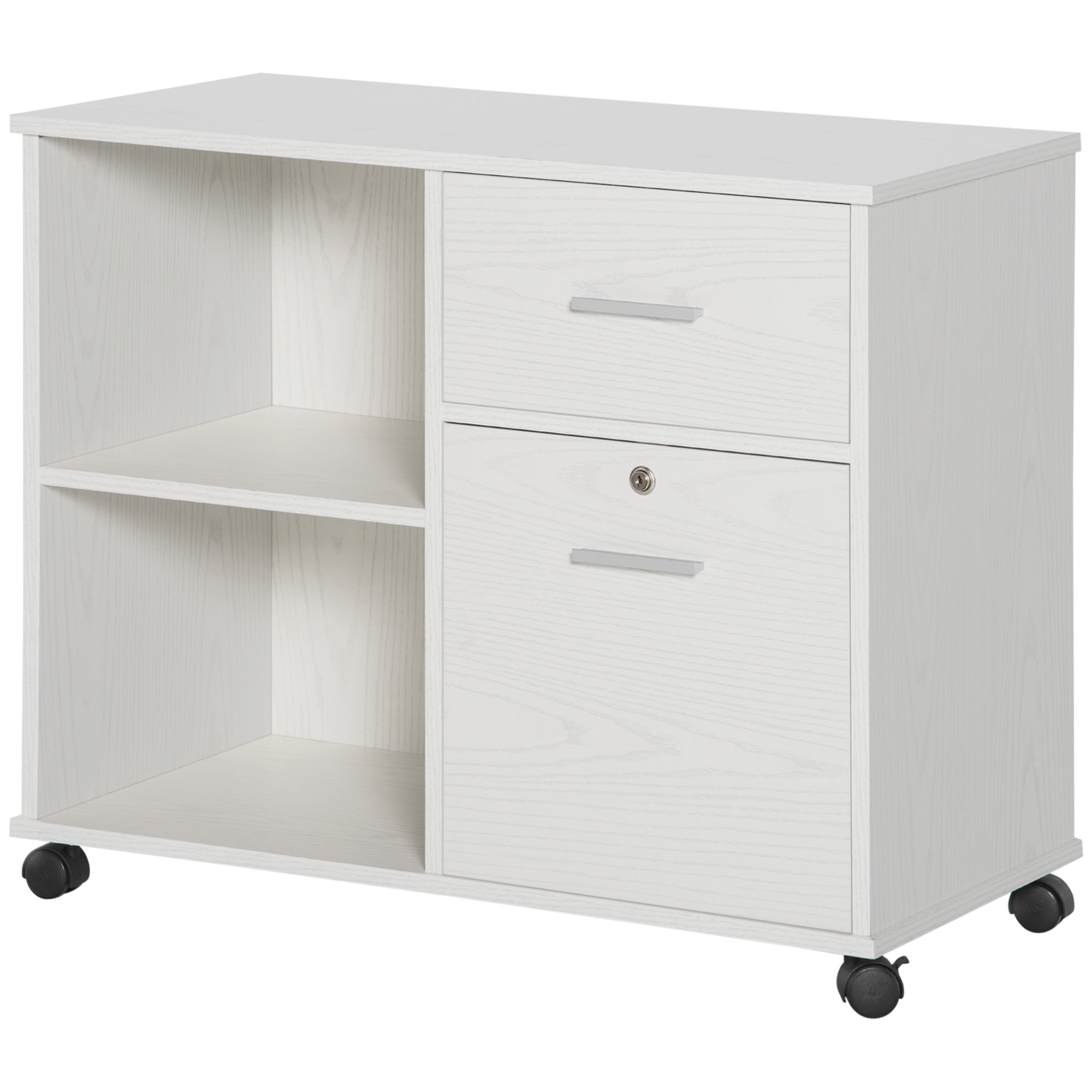 Vinsetto Lateral Filing Cabinet with Wheels, Locking File Cabinet, Mobile Printer Stand with Open Shelves and Drawers for A4 Size Documents, White
