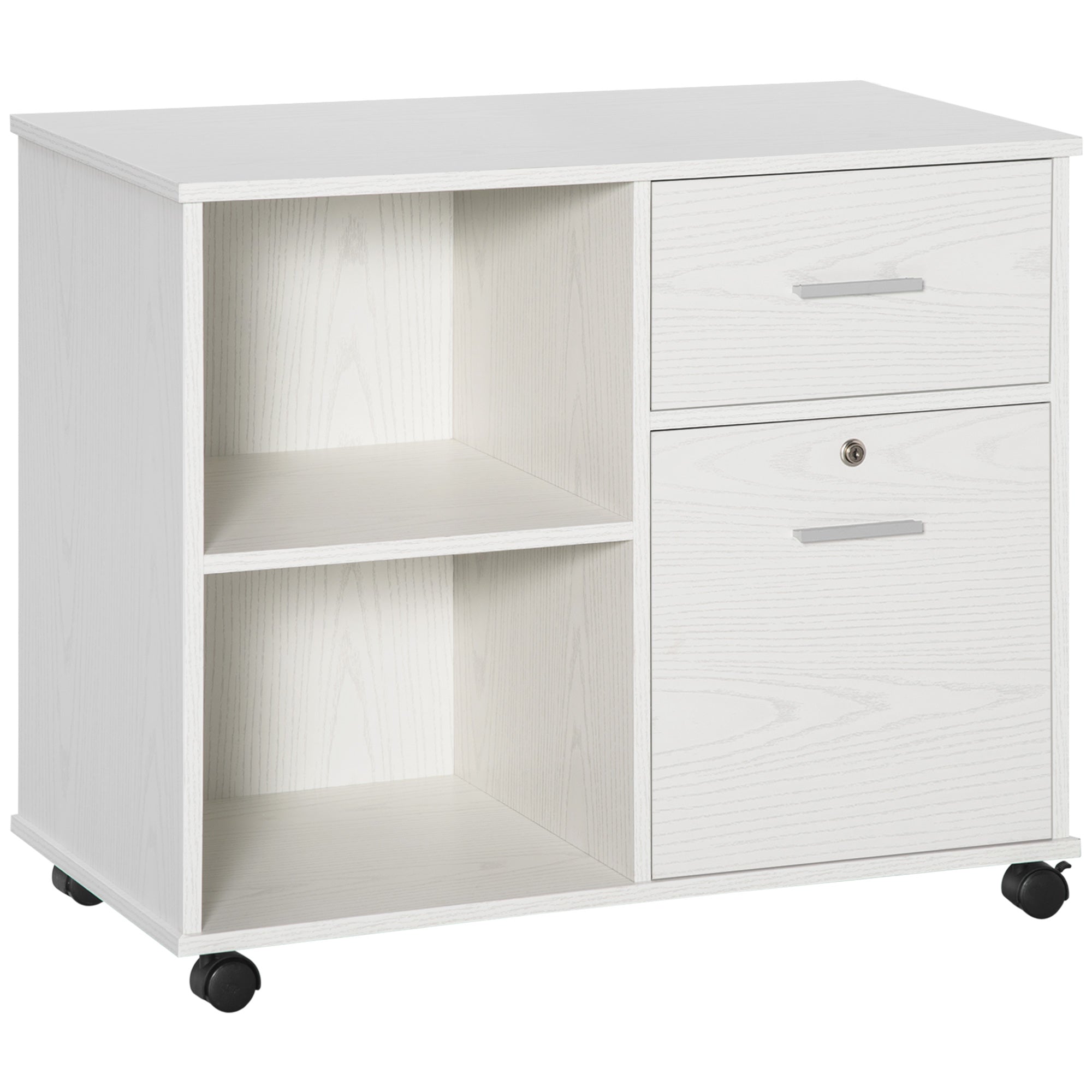 Vinsetto Lateral Filing Cabinet with Wheels, Locking File Cabinet, Mobile Printer Stand with Open Shelves and Drawers for A4 Size Documents, White