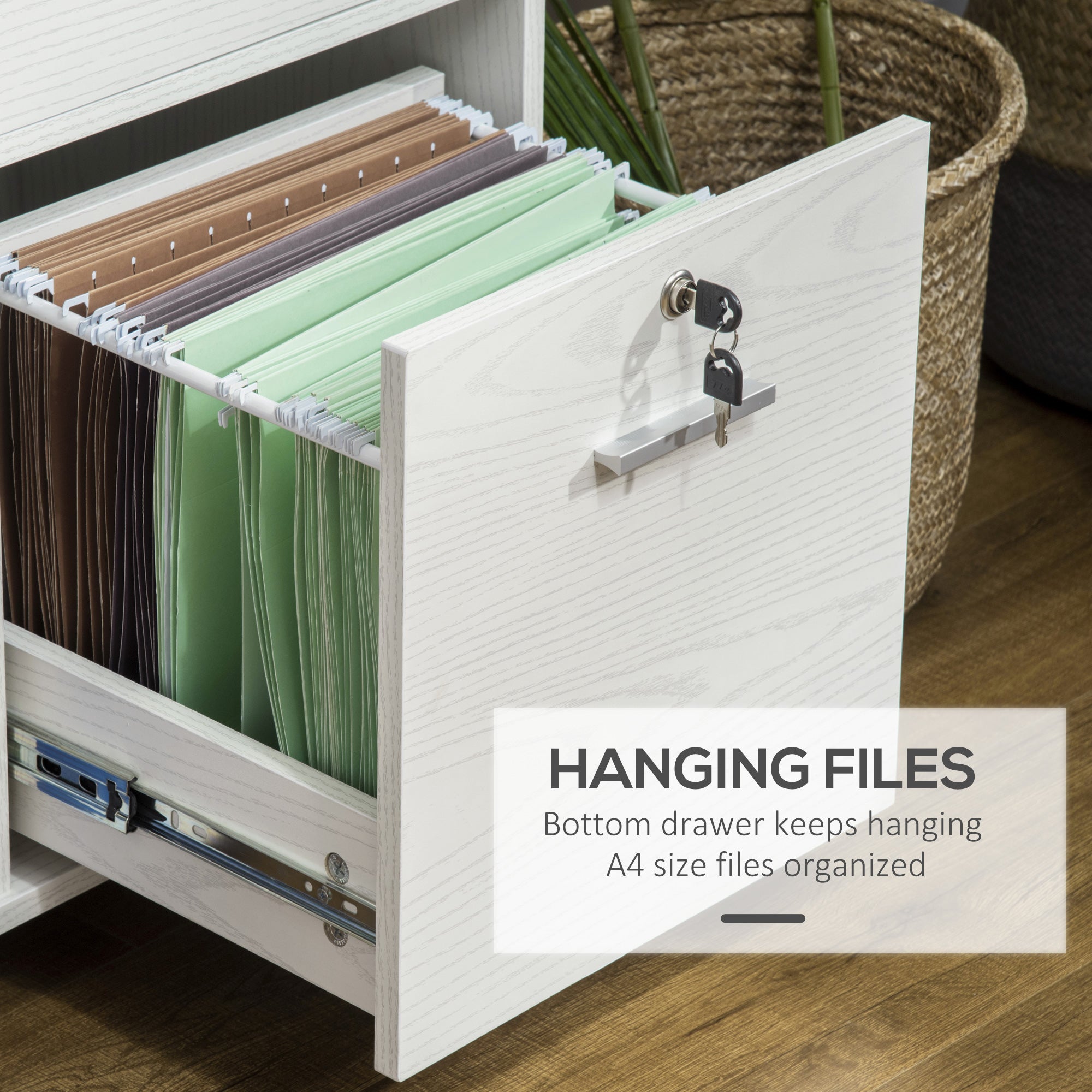 Vinsetto Lateral Filing Cabinet with Wheels, Locking File Cabinet, Mobile Printer Stand with Open Shelves and Drawers for A4 Size Documents, White