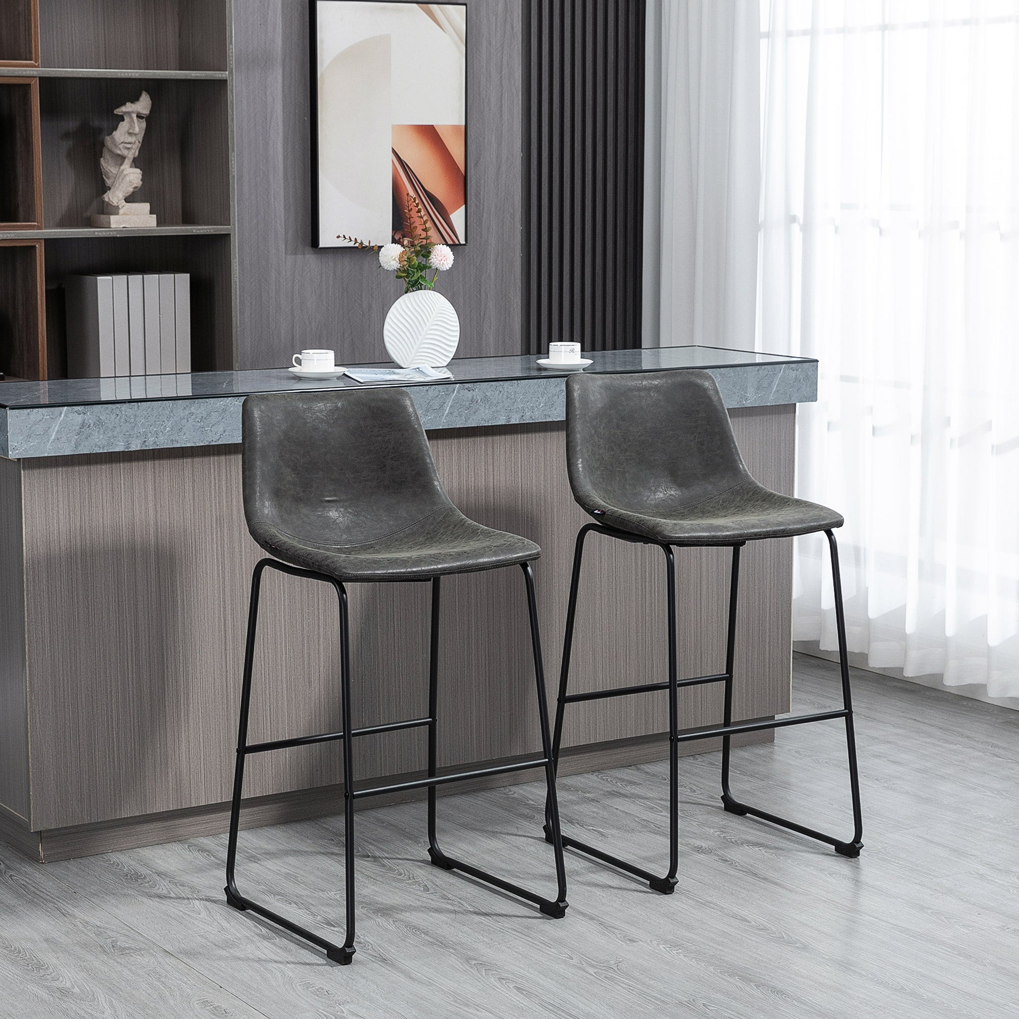 HOMCOM Bar Height Bar Stools Set of 2, Vintage PU Leather Bar Chairs, Kitchen Stools with Footrest for Home Bar, Dark Grey