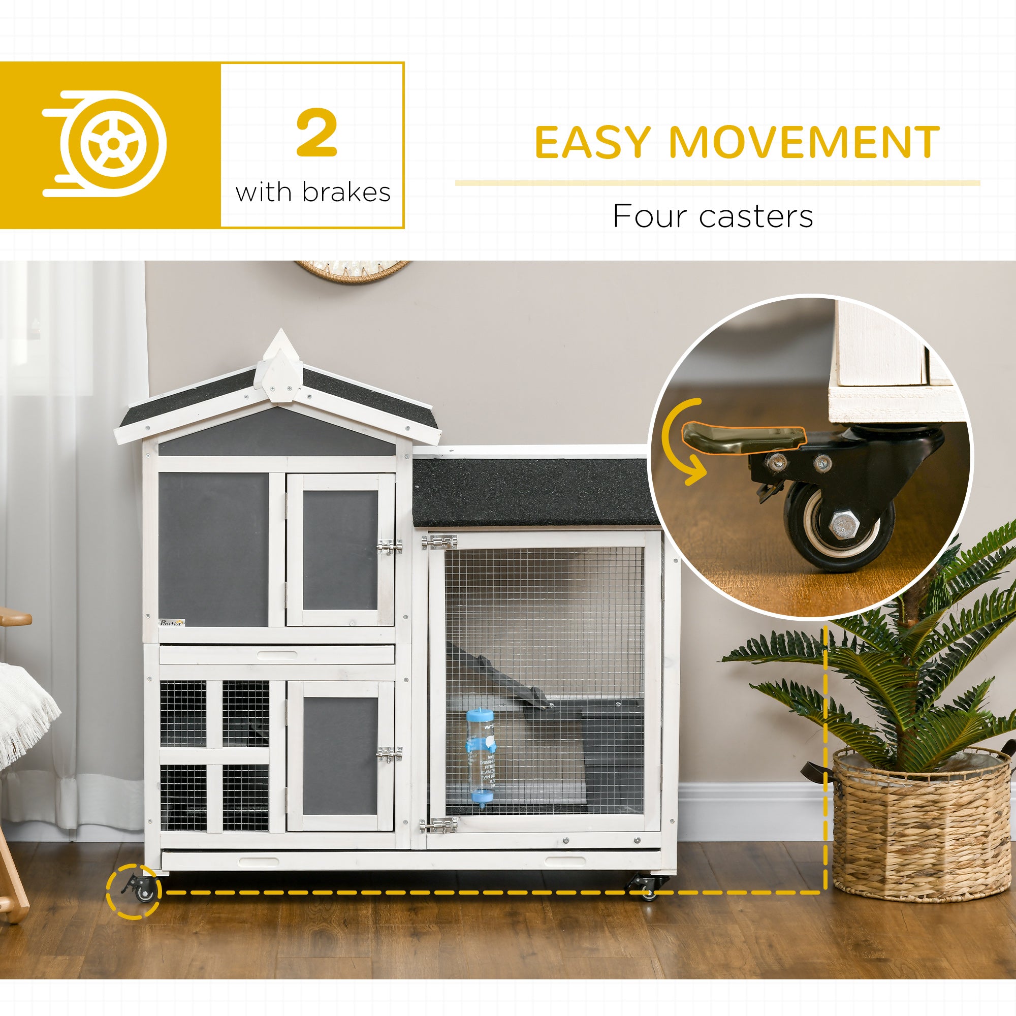 PawHut 43" Indoor Rabbit Hutch with an Extra Hideout, 2-Story Bunny Rabbit Cage Playpen Cottage with Space-Saving Design, Bunny Hutch with Removable Tray, Gray