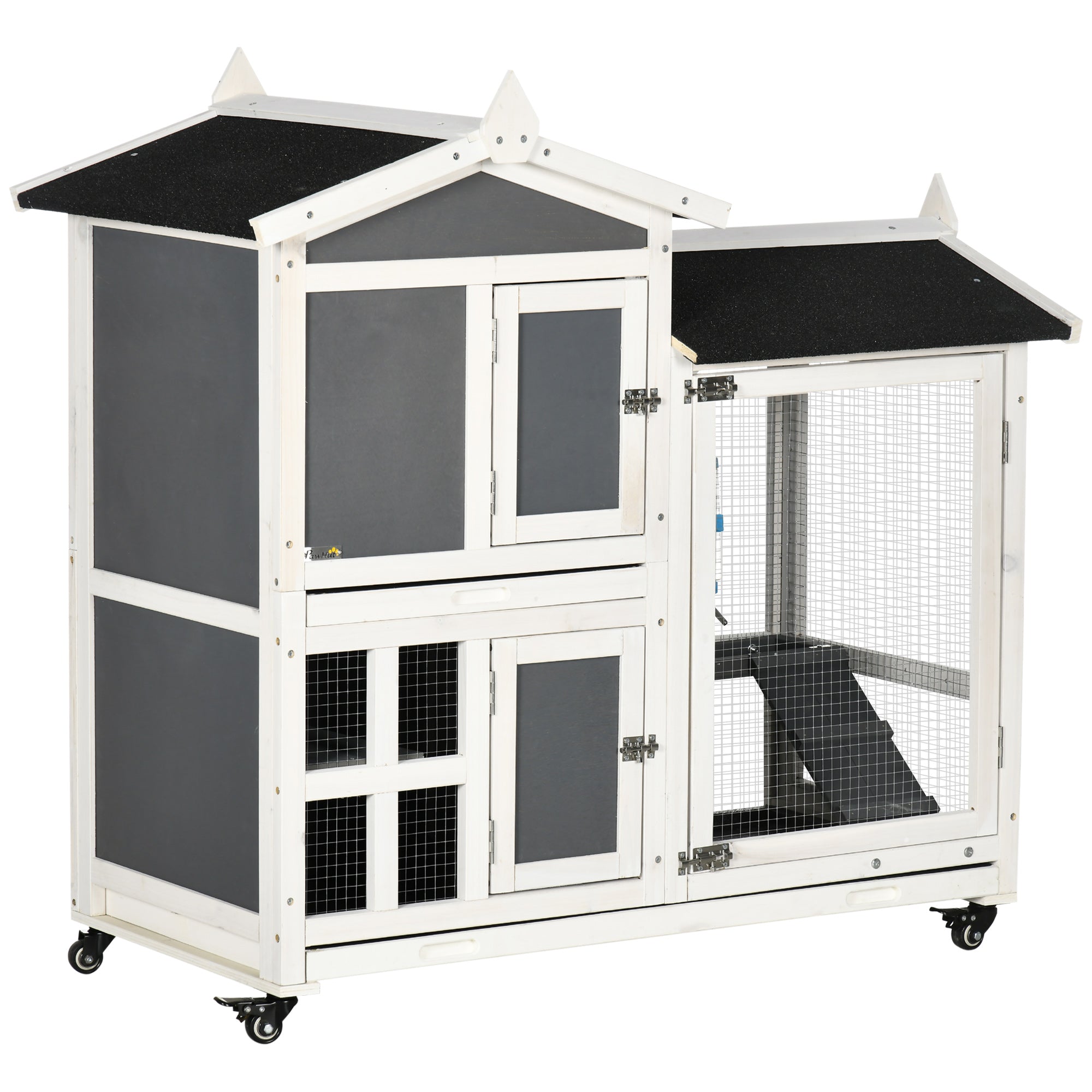 PawHut 43" Indoor Rabbit Hutch with an Extra Hideout, 2-Story Bunny Rabbit Cage Playpen Cottage with Space-Saving Design, Bunny Hutch with Removable Tray, Gray