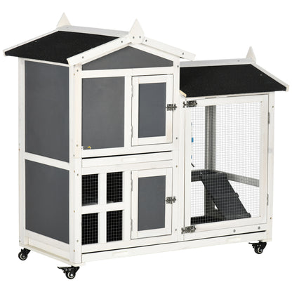 PawHut 43" Indoor Rabbit Hutch with an Extra Hideout, 2-Story Bunny Rabbit Cage Playpen Cottage with Space-Saving Design, Bunny Hutch with Removable Tray, Gray
