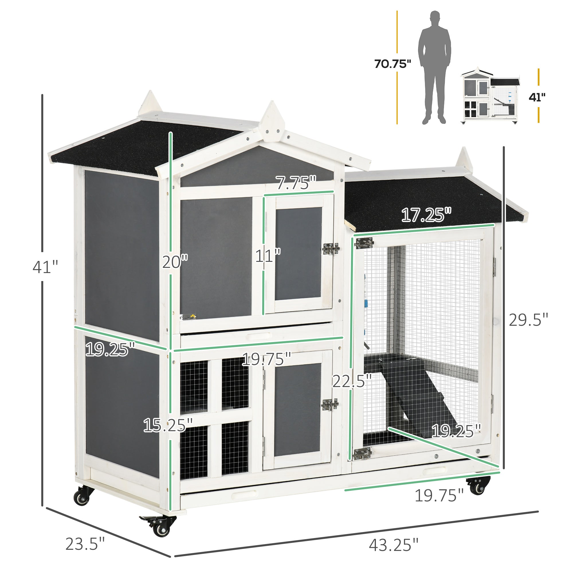PawHut 43" Indoor Rabbit Hutch with an Extra Hideout, 2-Story Bunny Rabbit Cage Playpen Cottage with Space-Saving Design, Bunny Hutch with Removable Tray, Gray