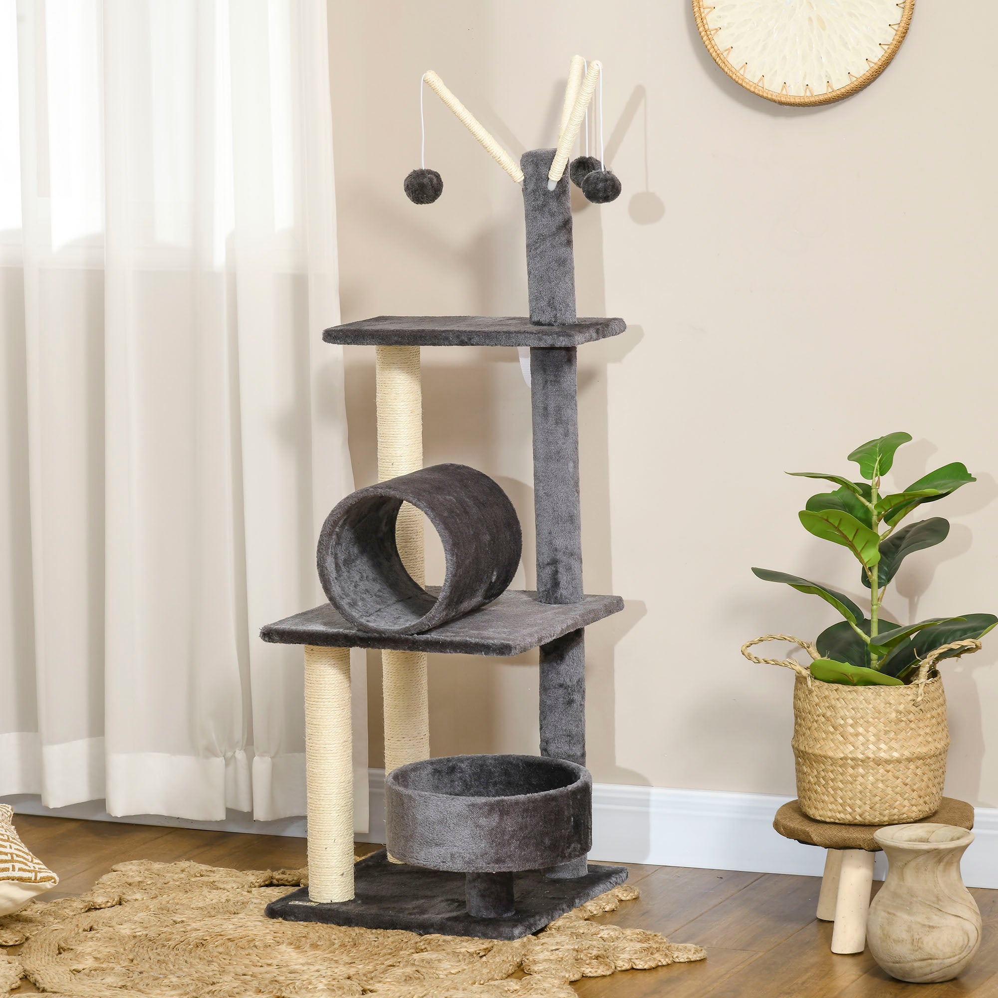 PawHut 121cm Cat Tree Tower for Indoor Cats Kitten Activity Centre Scratching Post with Bed Tunnel Perch Interactive Ball Toy Grey