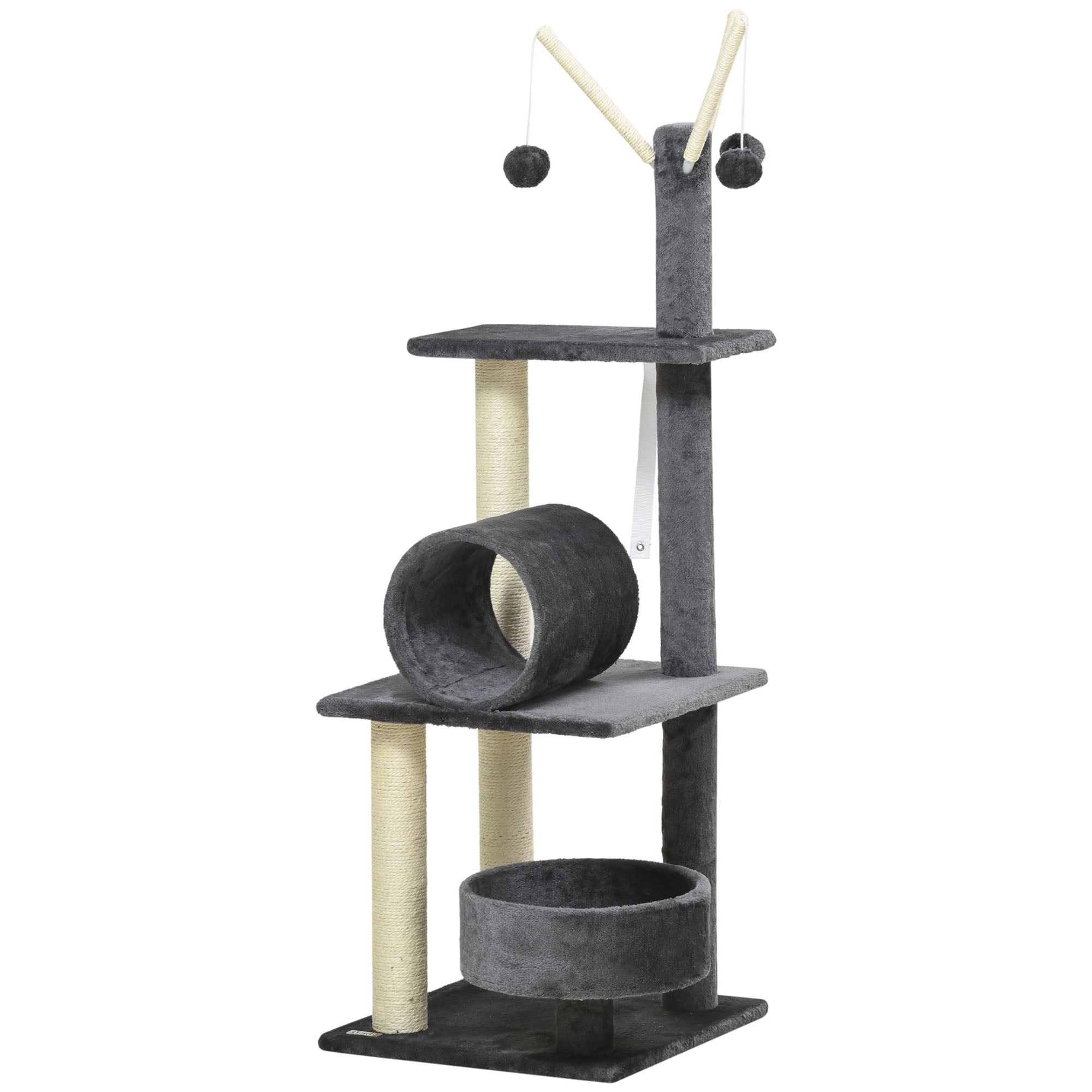 PawHut 121cm Cat Tree Tower for Indoor Cats Kitten Activity Centre Scratching Post with Bed Tunnel Perch Interactive Ball Toy Grey