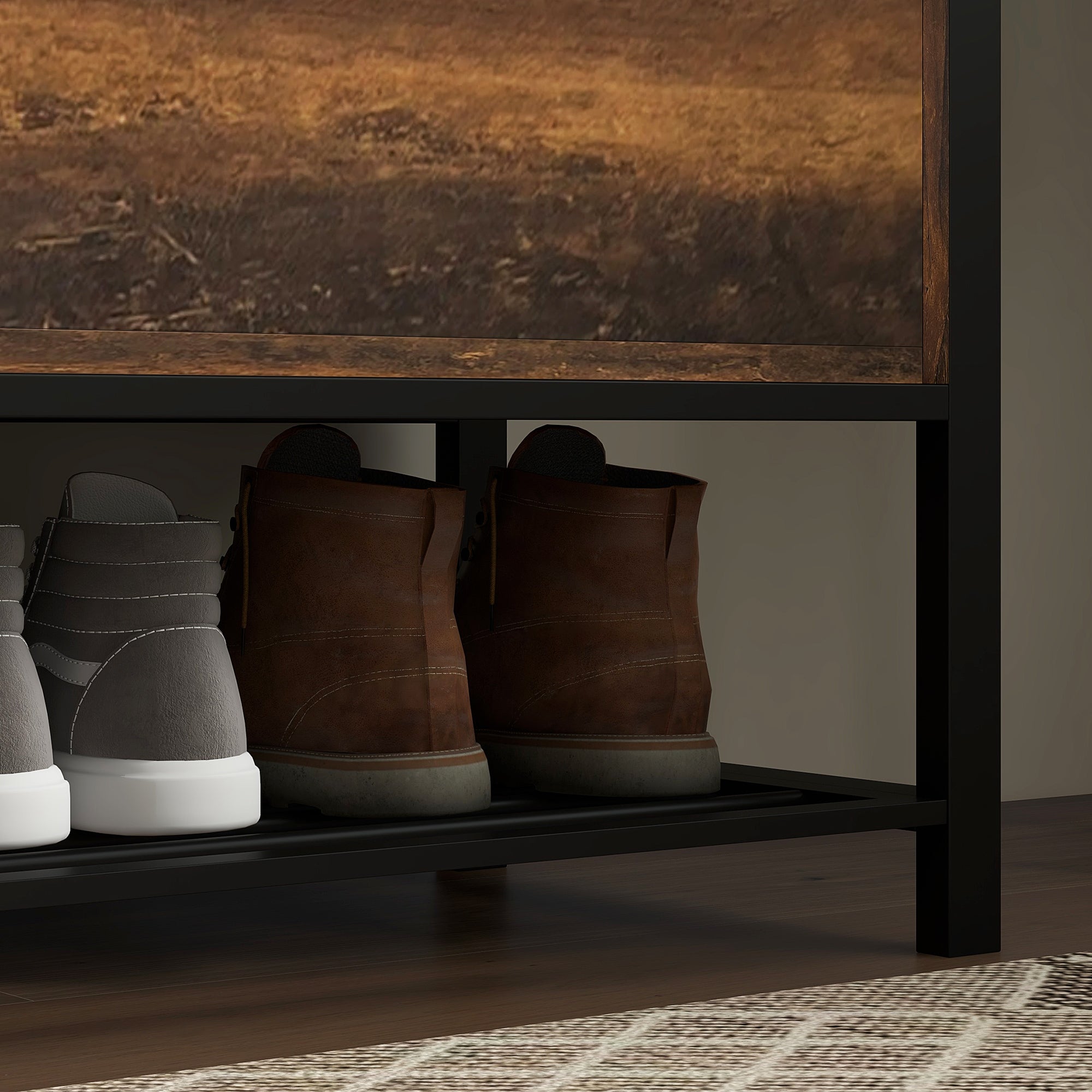 HOMCOM Shoe Bench with Flip-up Lid, Upholstered Entryway Bench Seat with Hidden Compartment and Bottom Shelf for Hallway, Living Room, Rustic Brown