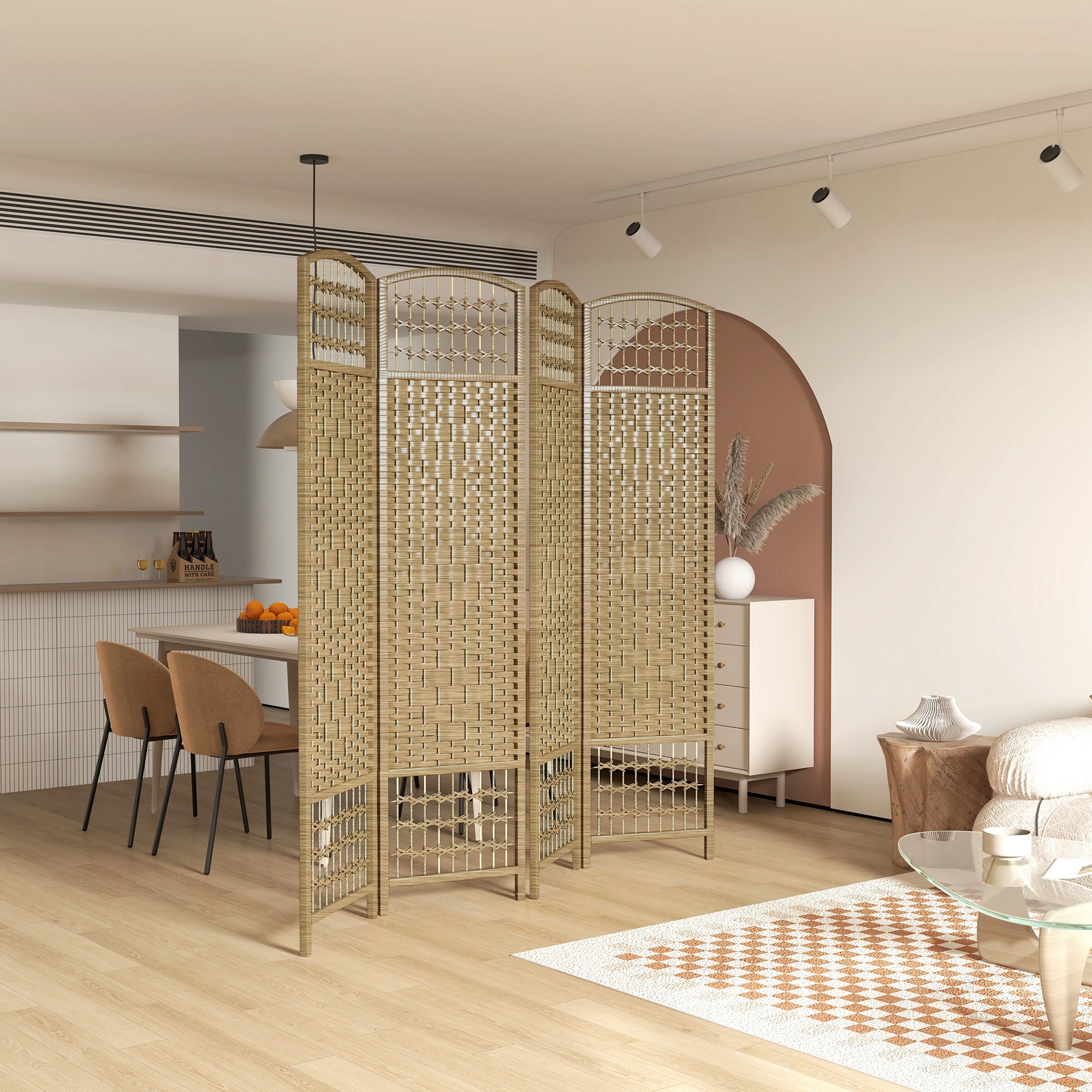 HOMCOM 4 Panel Room Divider, 5.6 ft Tall Folding Privacy Screen, Wave Fiber Freestanding Partition Wall Divider for Home Office, Natural