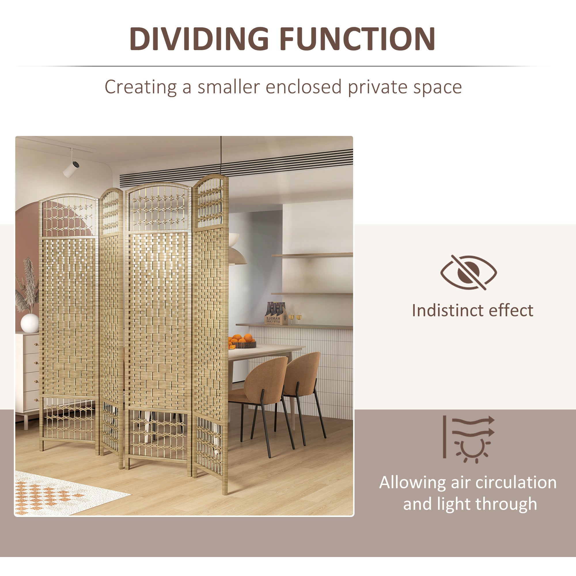 HOMCOM 4 Panel Room Divider, 5.6 ft Tall Folding Privacy Screen, Wave Fiber Freestanding Partition Wall Divider for Home Office, Natural