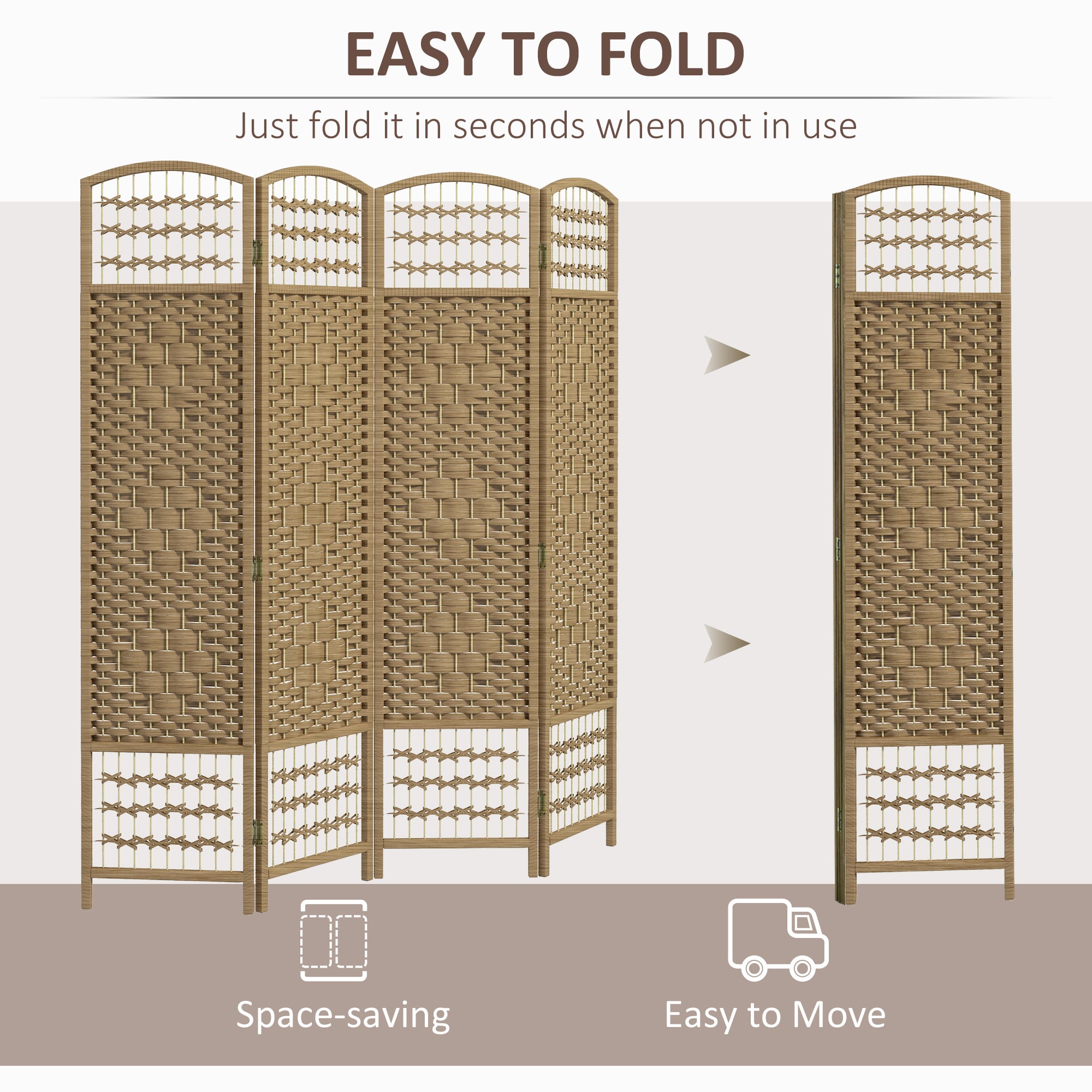 HOMCOM 4 Panel Room Divider, 5.6 ft Tall Folding Privacy Screen, Wave Fiber Freestanding Partition Wall Divider for Home Office, Natural