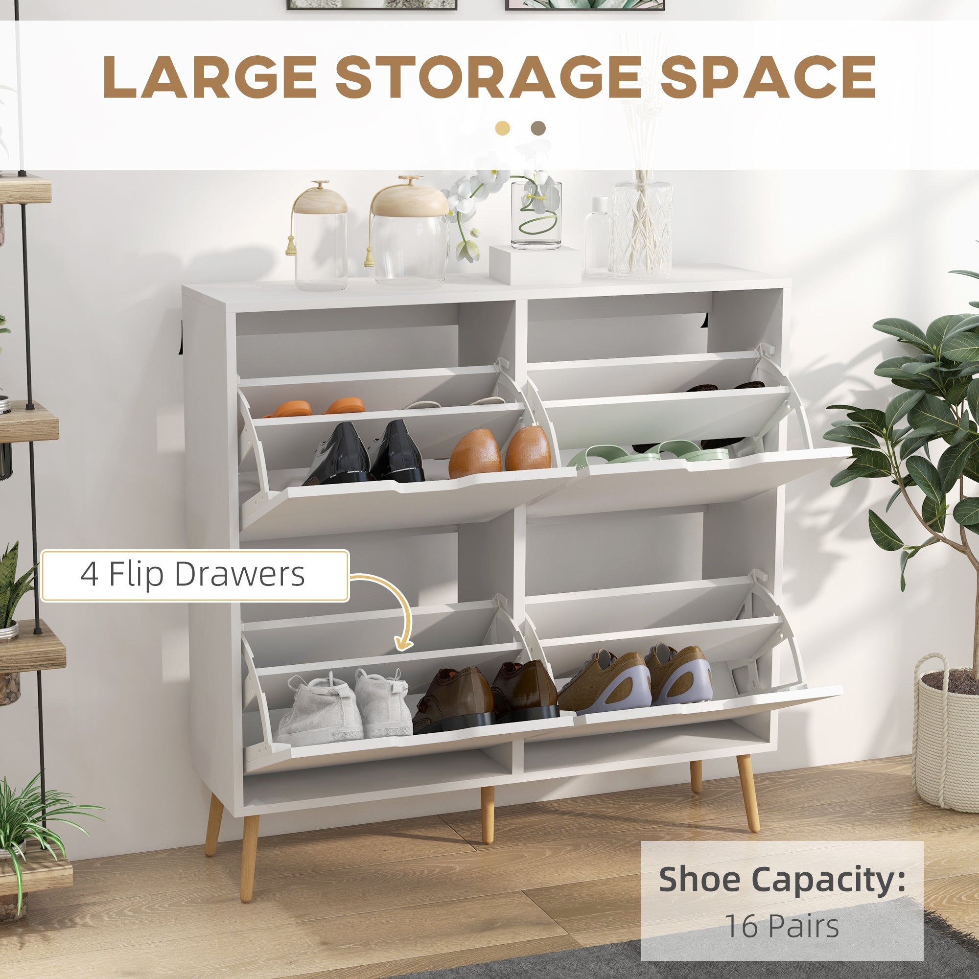 HOMCOM Modern Shoe Cabinet with 4 Flip Drawers and Adjustable Shelf, Hallway Shoe Cupboard Storage Organizer for 16 Pairs of Shoes, White