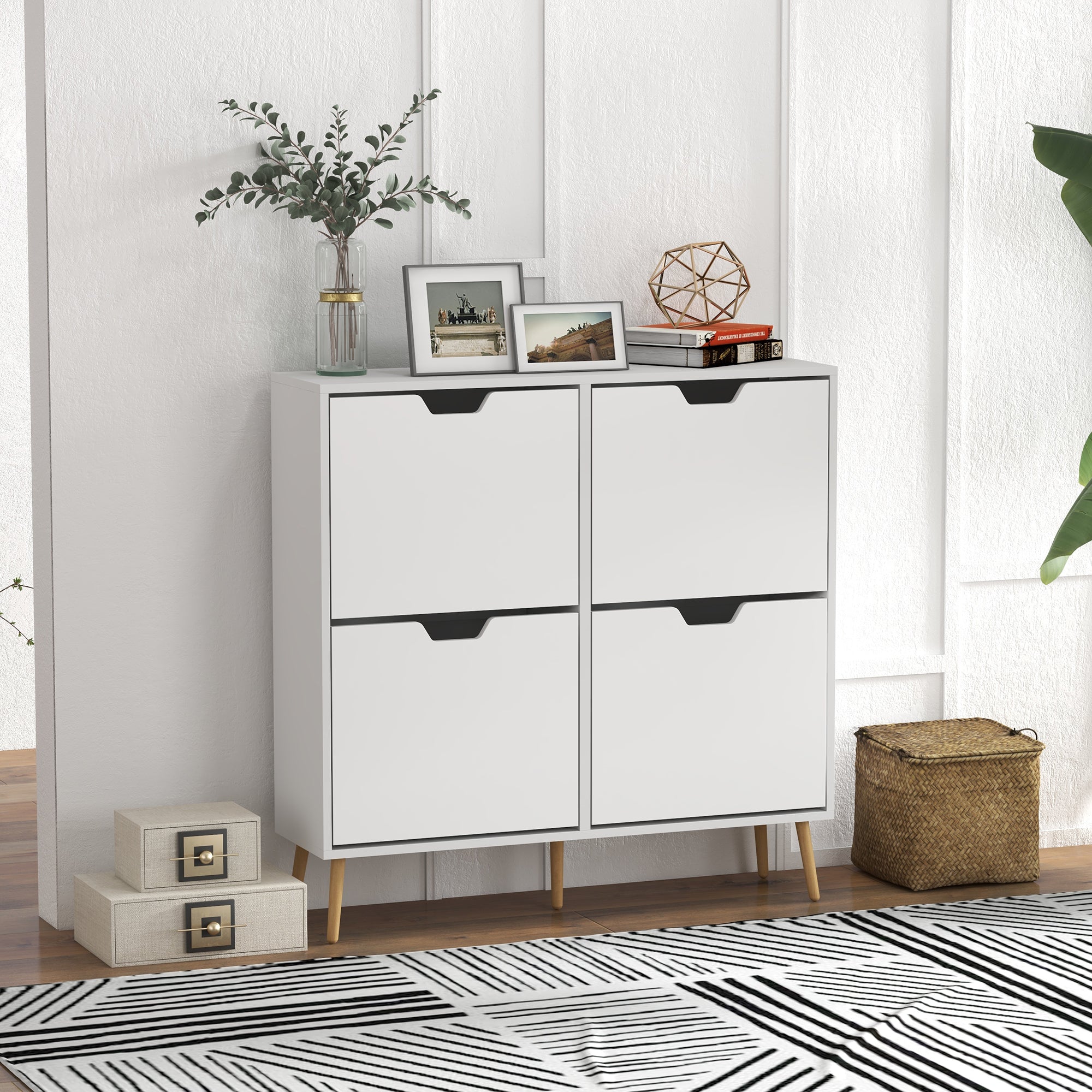 HOMCOM Modern Shoe Cabinet with 4 Flip Drawers and Adjustable Shelf, Hallway Shoe Cupboard Storage Organizer for 16 Pairs of Shoes, White