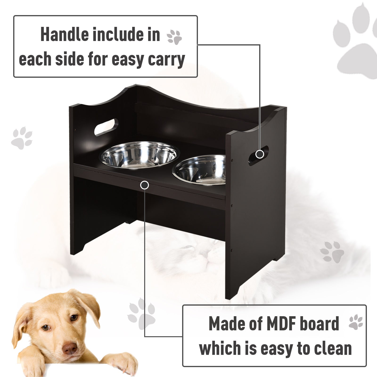 PawHut Raised Dog Bowls Adjustable Elevated Pet Feeder 2 Stainless Steel Dog Cat Bowls MDF Frame Handles, for Large Dogs, Brown