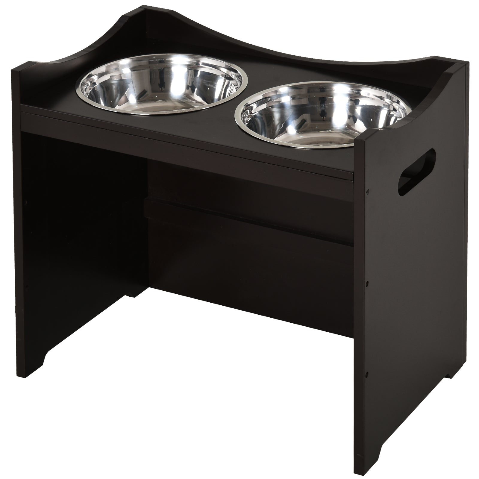 PawHut Raised Dog Bowls Adjustable Elevated Pet Feeder 2 Stainless Steel Dog Cat Bowls MDF Frame Handles, for Large Dogs, Brown