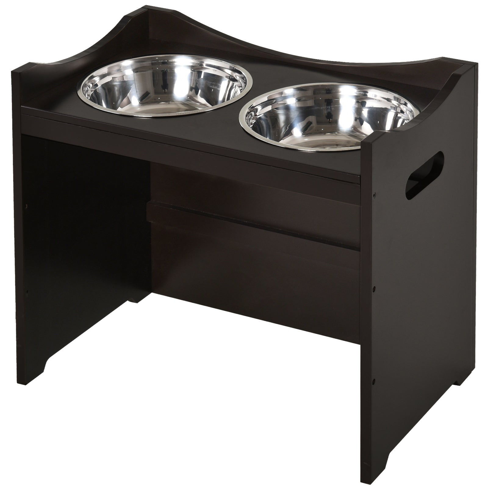 PawHut Raised Dog Bowls Adjustable Elevated Pet Feeder 2 Stainless Steel Dog Cat Bowls MDF Frame Handles, for Large Dogs, Brown