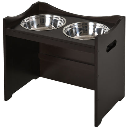 PawHut Raised Dog Bowls Adjustable Elevated Pet Feeder 2 Stainless Steel Dog Cat Bowls MDF Frame Handles, for Large Dogs, Brown