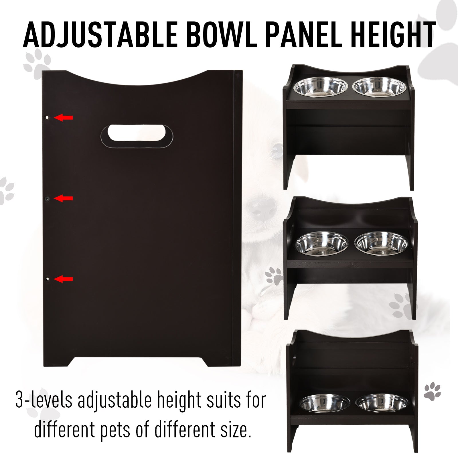 PawHut Raised Dog Bowls Adjustable Elevated Pet Feeder 2 Stainless Steel Dog Cat Bowls MDF Frame Handles, for Large Dogs, Brown