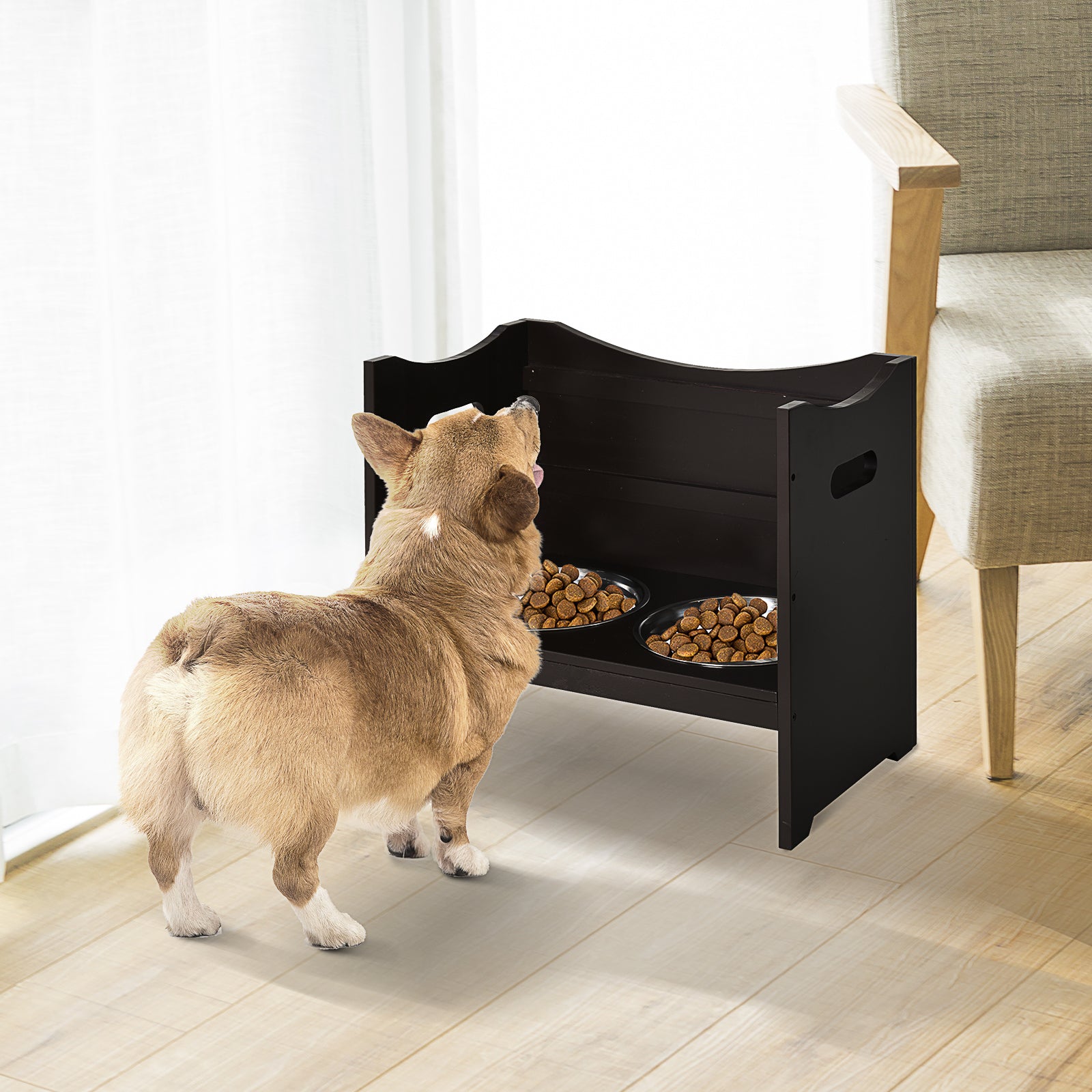 PawHut Raised Dog Bowls Adjustable Elevated Pet Feeder 2 Stainless Steel Dog Cat Bowls MDF Frame Handles, for Large Dogs, Brown