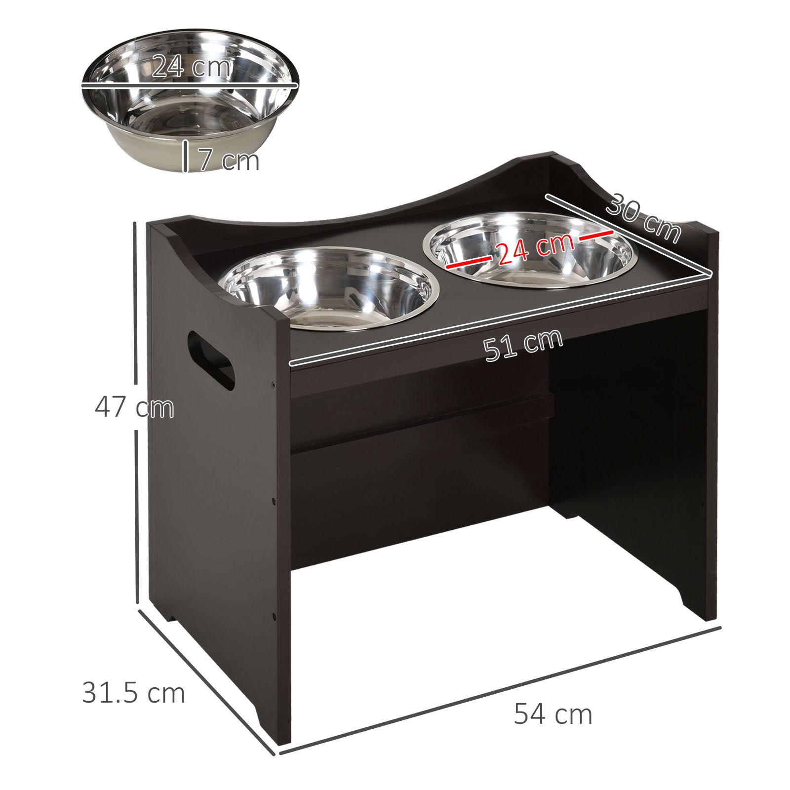 PawHut Raised Dog Bowls Adjustable Elevated Pet Feeder 2 Stainless Steel Dog Cat Bowls MDF Frame Handles, for Large Dogs, Brown