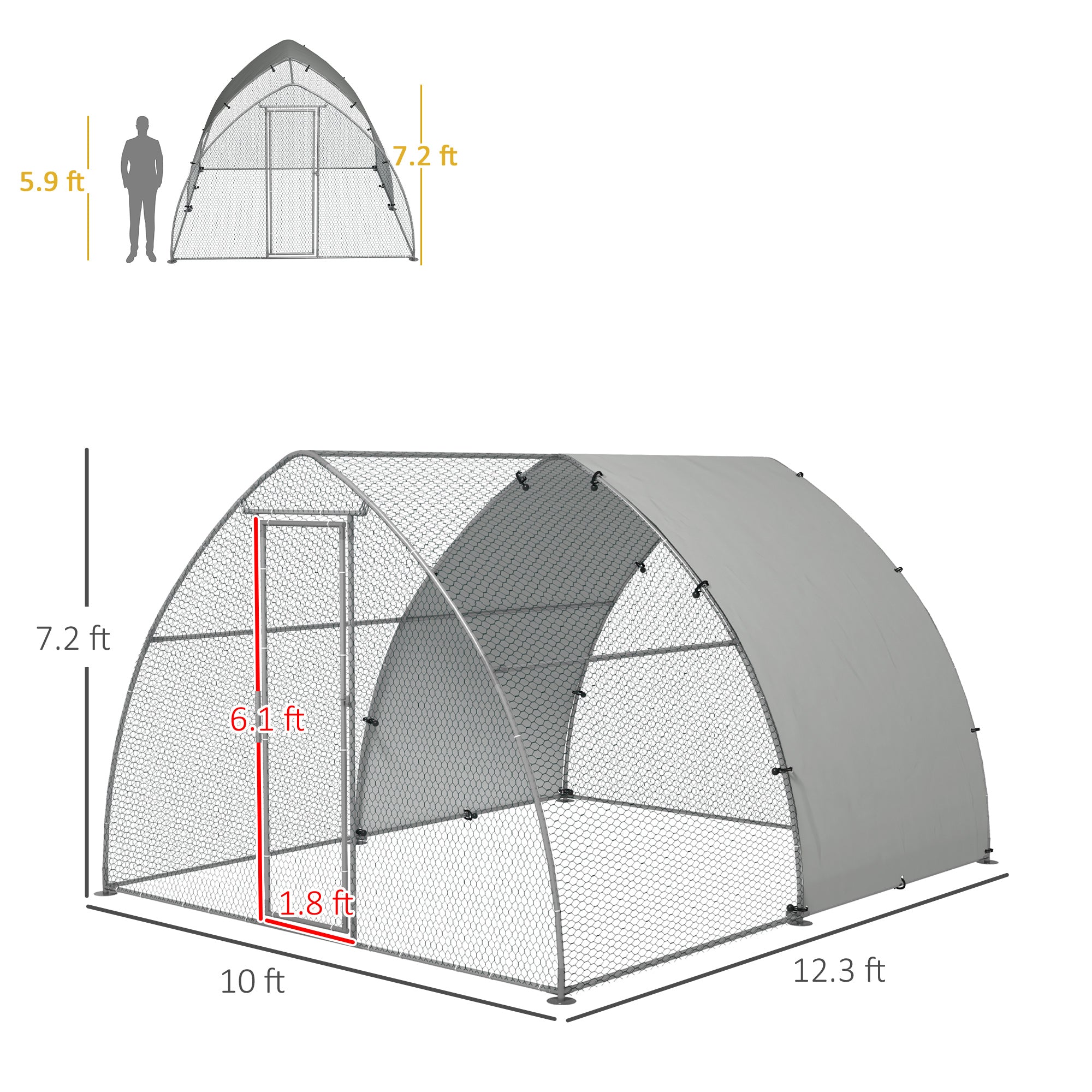 PawHut Chicken Run, Large Metal Chicken Coop with Waterproof and Anti-UV Cover, Walk in Poultry Cage Outdoor for 8-12 Chickens, Ducks, Hens, Rabbits, 10' x 12.3' x 7.2'
