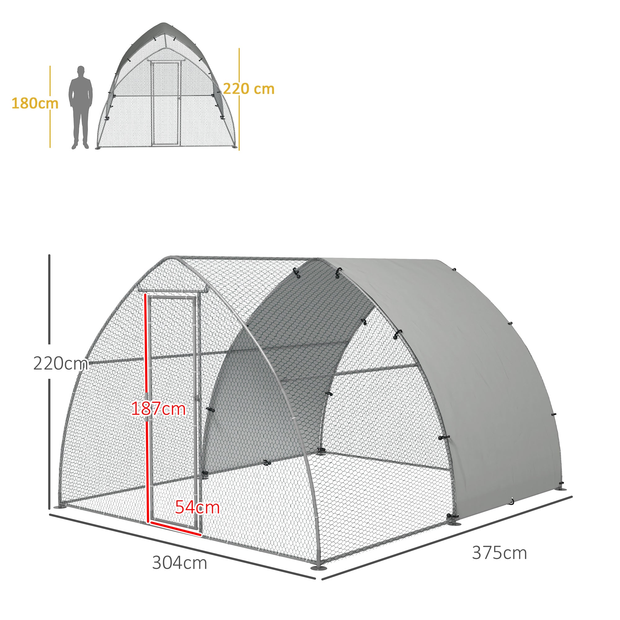 PawHut Walk In Chicken Run, Galvanised Chicken Coop Outdoor with Cover, Poultry Cage, for 8-12 Chickens, Hens, Ducks, Rabbits, 3 x 3.8 x 2.2m - Silver Tone