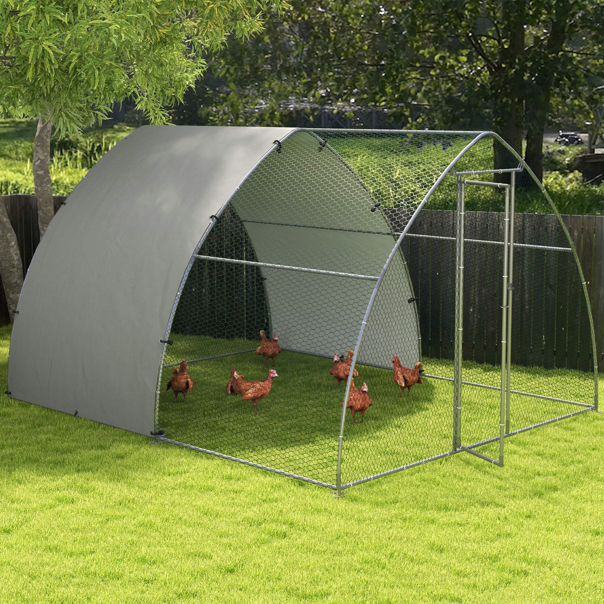 PawHut Walk In Chicken Run, Galvanised Chicken Coop Outdoor with Cover, Poultry Cage, for 8-12 Chickens, Hens, Ducks, Rabbits, 3 x 3.8 x 2.2m - Silver Tone