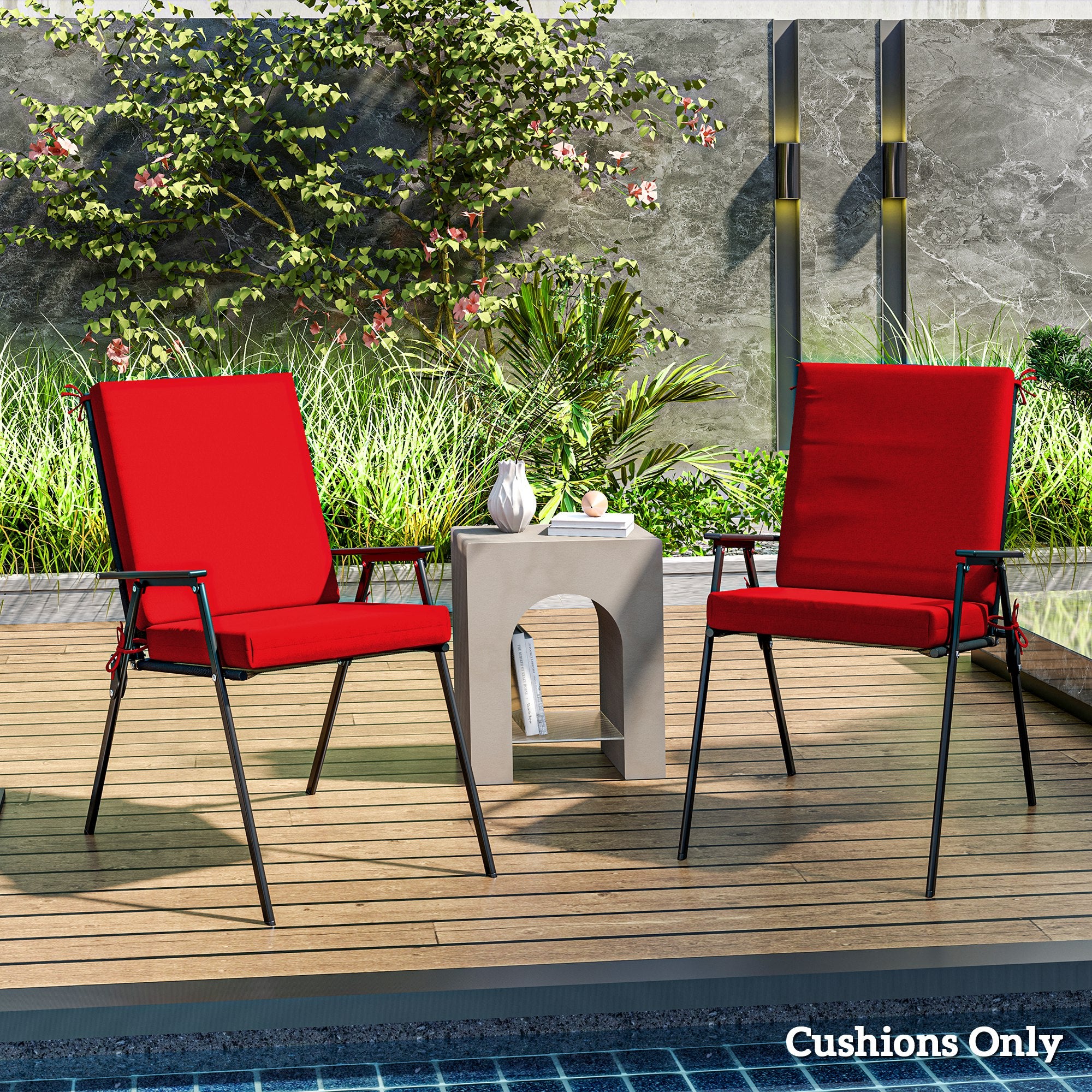 Outsunny Outdoor Chair Cushions Set of 2 for Dining Chairs, Water-Repellent and Fade-Resistant Yarn-Dyed Polyester, Outdoor Seat Cushions with Back Cushions and Ties, Wine Red