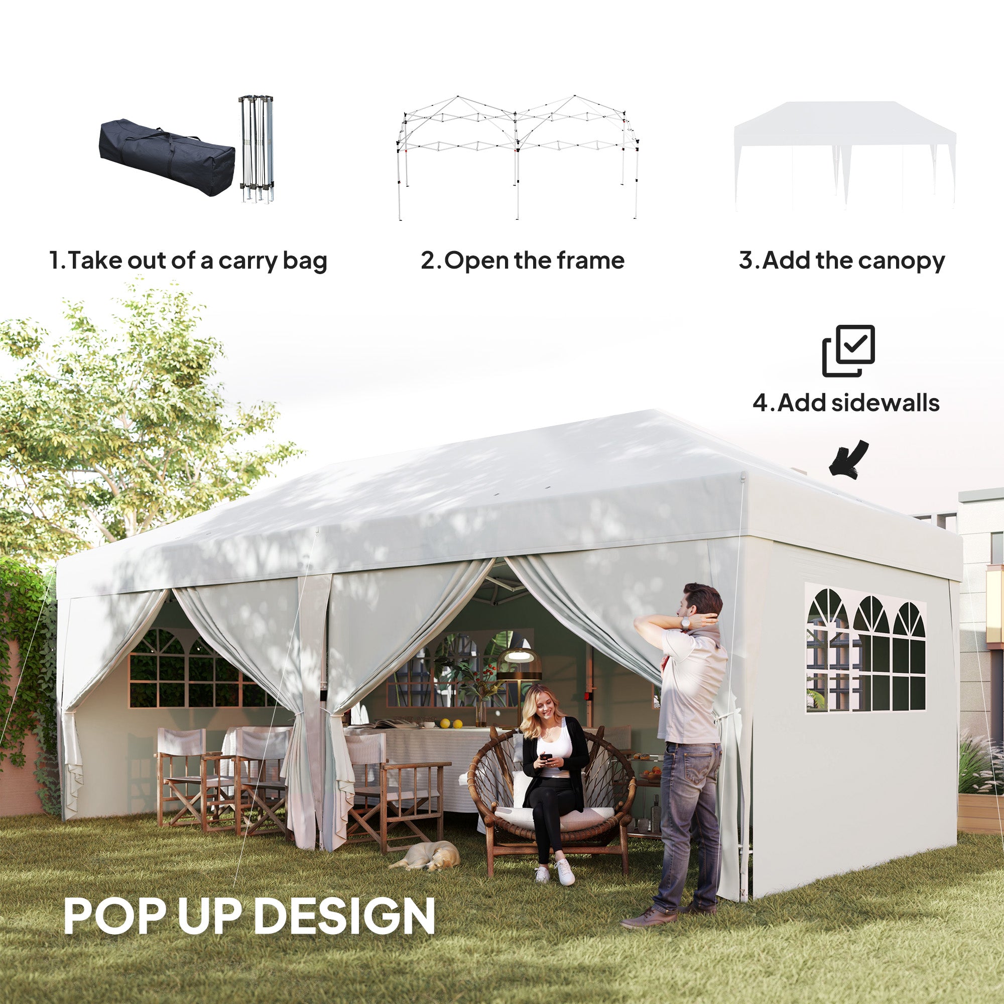 Outsunny 10' x 20' Pop Up Canopy with 6 Walls, Outdoor Easy Up Canopy Party Tent with Steel Frame, Drainage Holes, Instant Garden Shade Shelter with Carrying Bag, White
