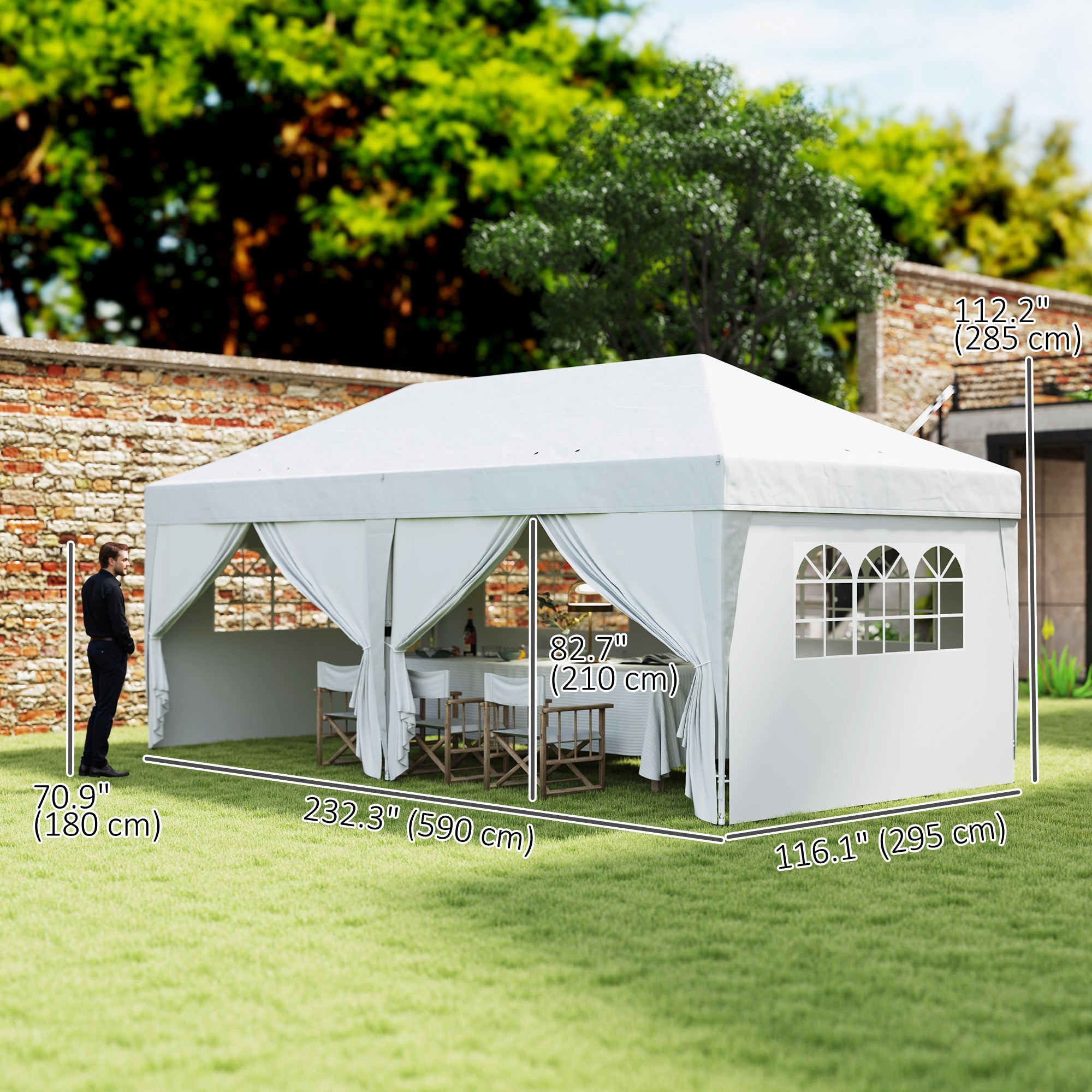 Outsunny 10' x 20' Pop Up Canopy with 6 Walls, Outdoor Easy Up Canopy Party Tent with Steel Frame, Drainage Holes, Instant Garden Shade Shelter with Carrying Bag, White