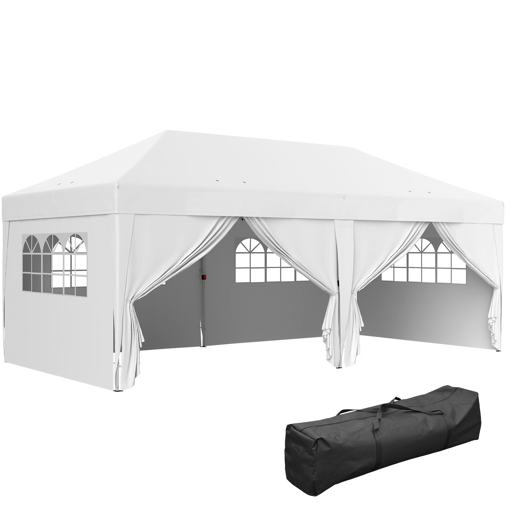 Outsunny 10' x 20' Pop Up Canopy with 6 Walls, Outdoor Easy Up Canopy Party Tent with Steel Frame, Drainage Holes, Instant Garden Shade Shelter with Carrying Bag, White