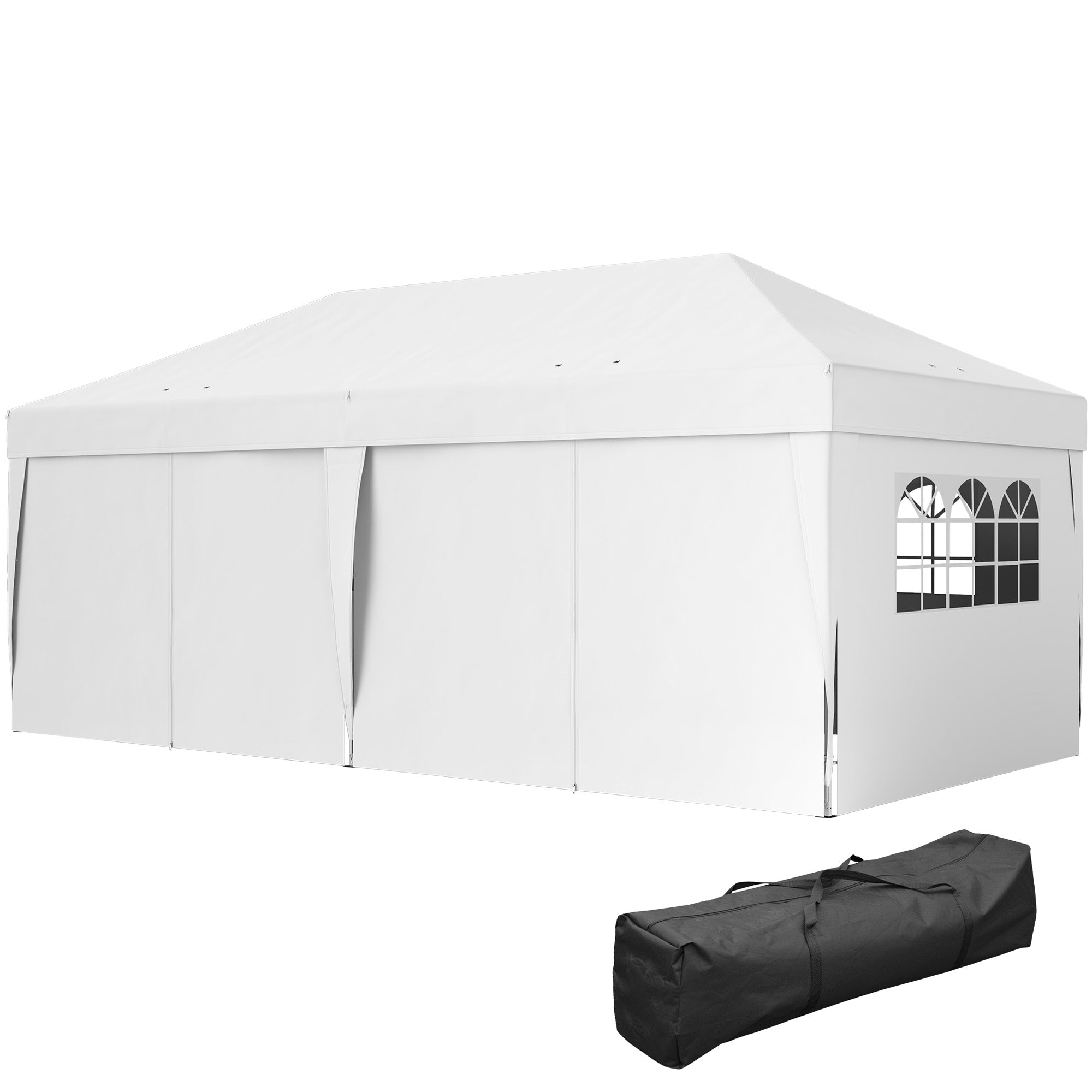 Outsunny 10' x 20' Pop Up Canopy with 6 Walls, Outdoor Easy Up Canopy Party Tent with Steel Frame, Drainage Holes, Instant Garden Shade Shelter with Carrying Bag, White