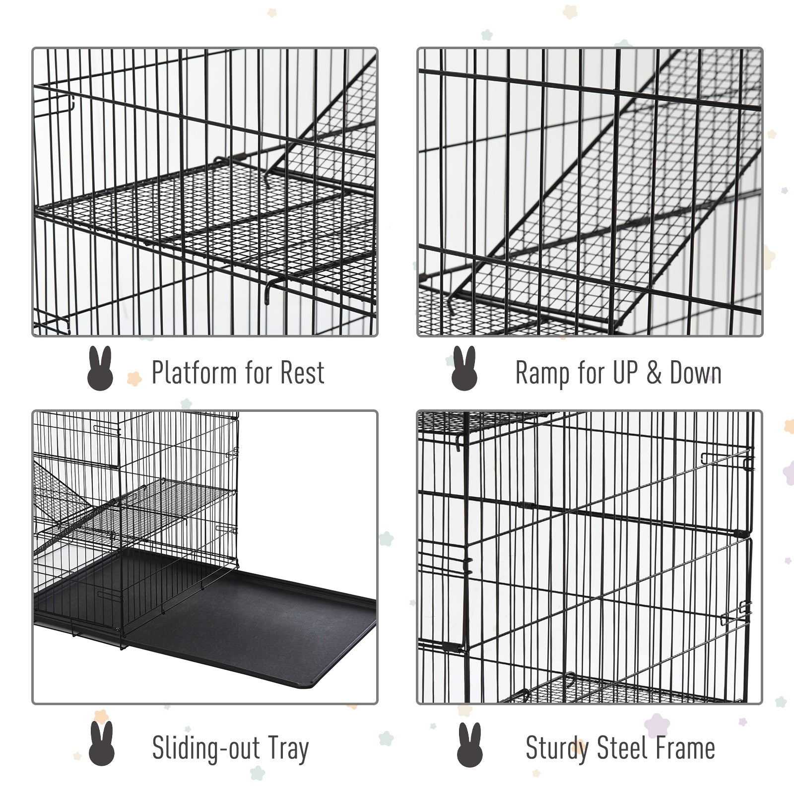 Pawhut Small Animal Cage Hutch Pet Play House with Platform, Ramp, Removable Tray, Wire Runway for Rabbits, Guinea Pigs, Ferret