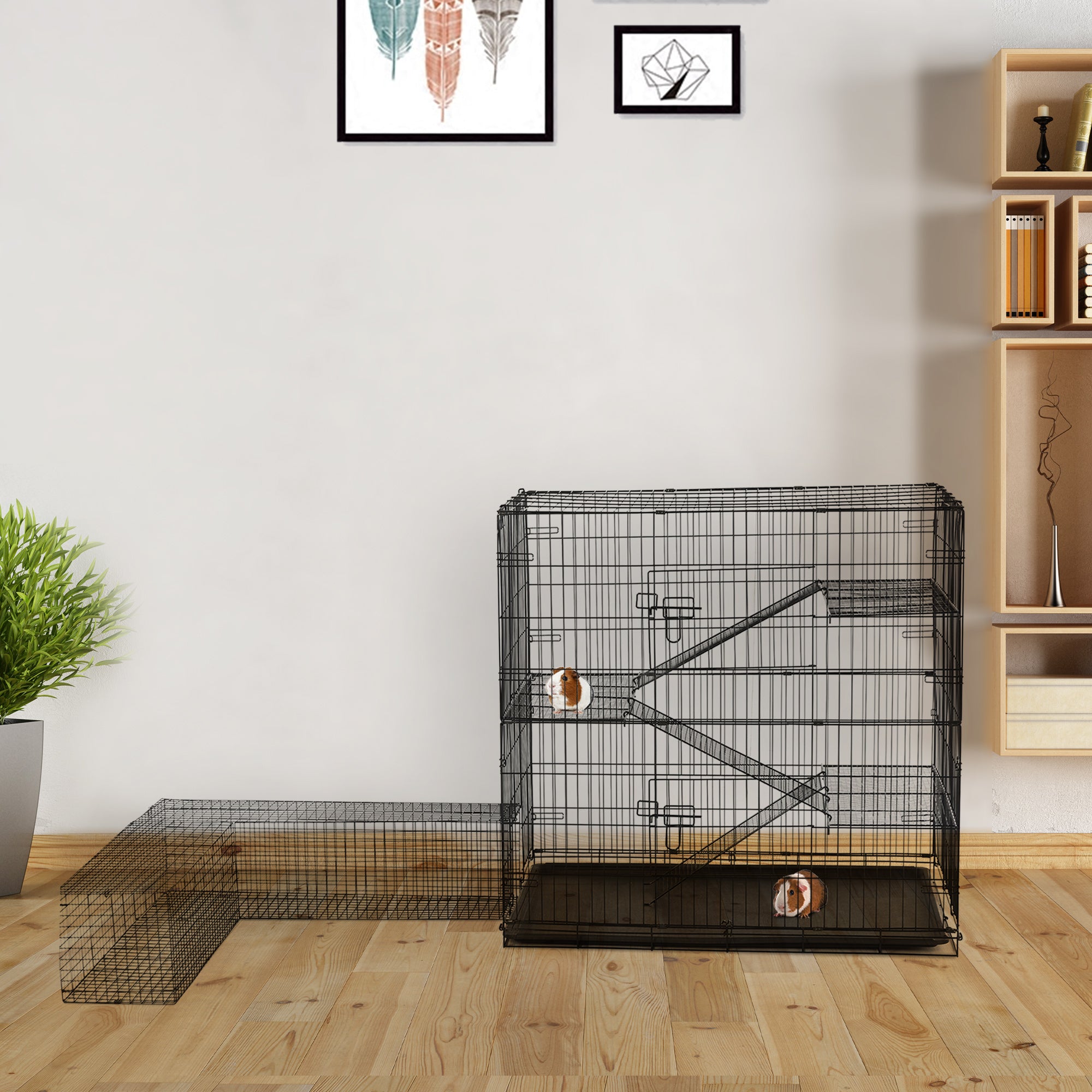 Pawhut Small Animal Cage Hutch Pet Play House with Platform, Ramp, Removable Tray, Wire Runway for Rabbits, Guinea Pigs, Ferret