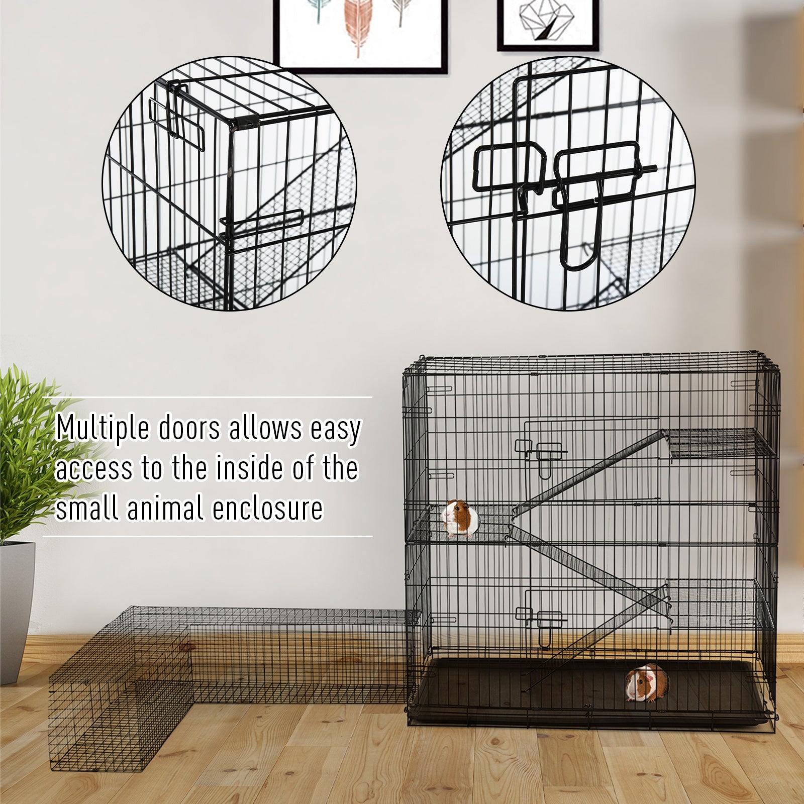 Pawhut Small Animal Cage Hutch Pet Play House with Platform, Ramp, Removable Tray, Wire Runway for Rabbits, Guinea Pigs, Ferret