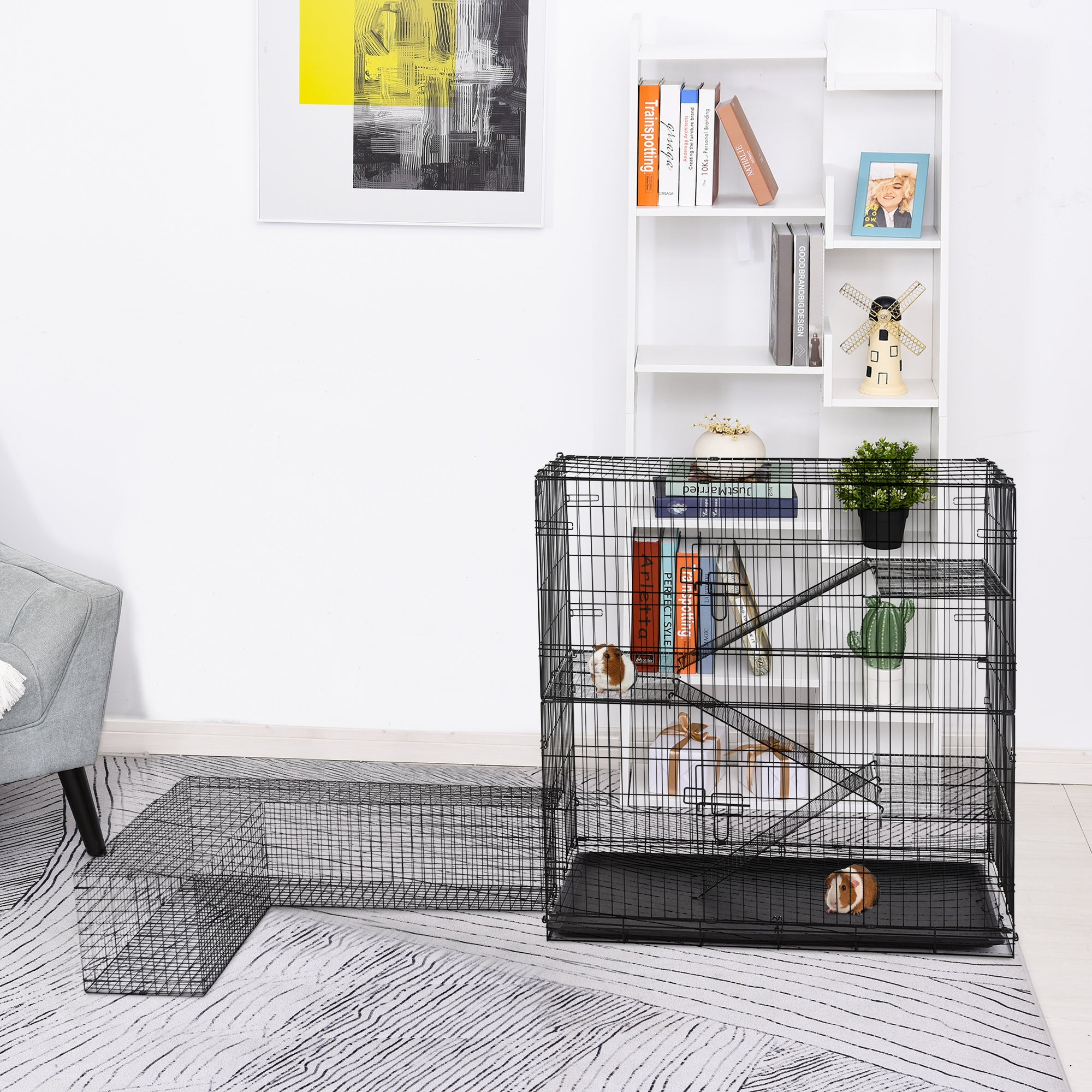 Pawhut Small Animal Cage Hutch Pet Play House with Platform, Ramp, Removable Tray, Wire Runway for Rabbits, Guinea Pigs, Ferret