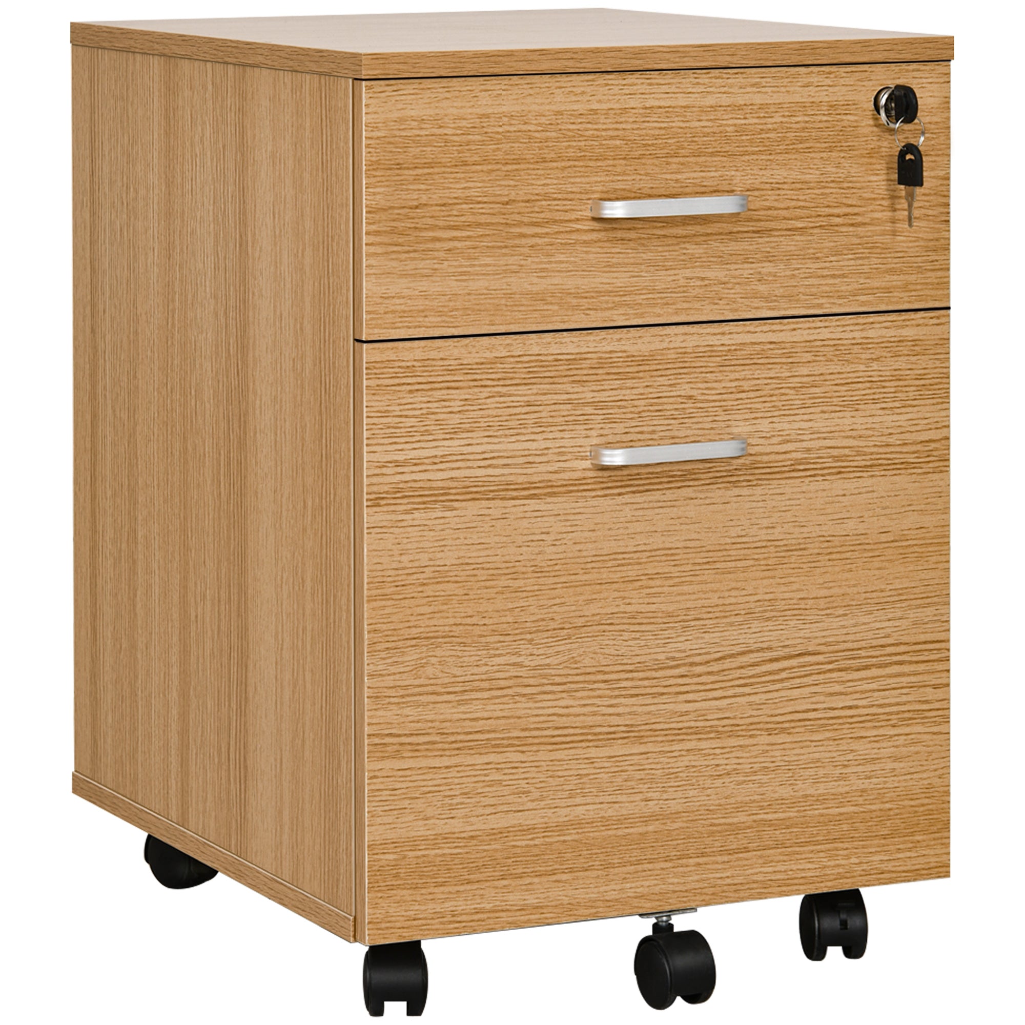 Vinsetto 2 Drawer File Cabinet with Lock and Keys, Mobile Vertical Filing Cabinet with Wheels and Drawers, Home Office Cabinet, Natural
