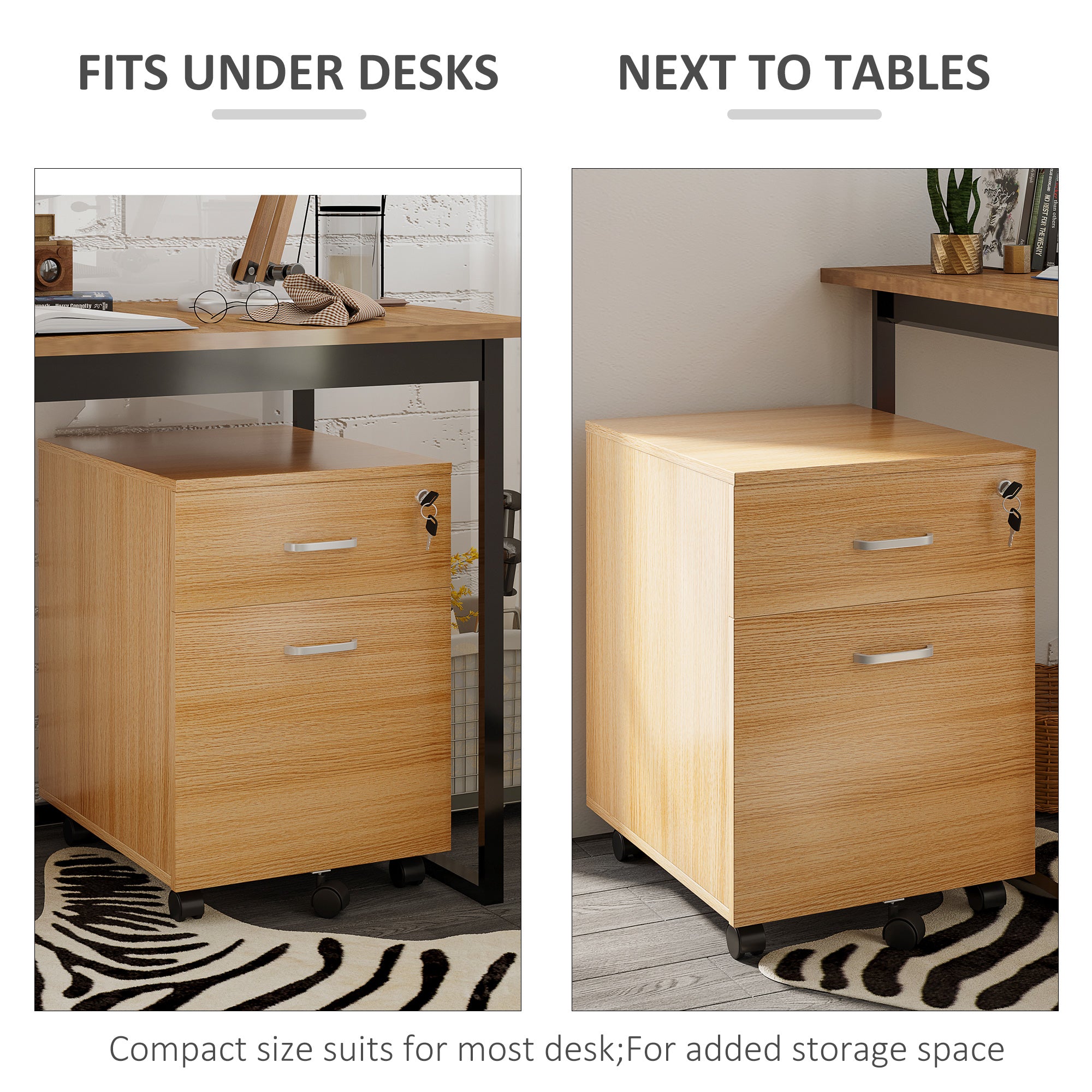 Vinsetto 2 Drawer File Cabinet with Lock and Keys, Mobile Vertical Filing Cabinet with Wheels and Drawers, Home Office Cabinet, Natural